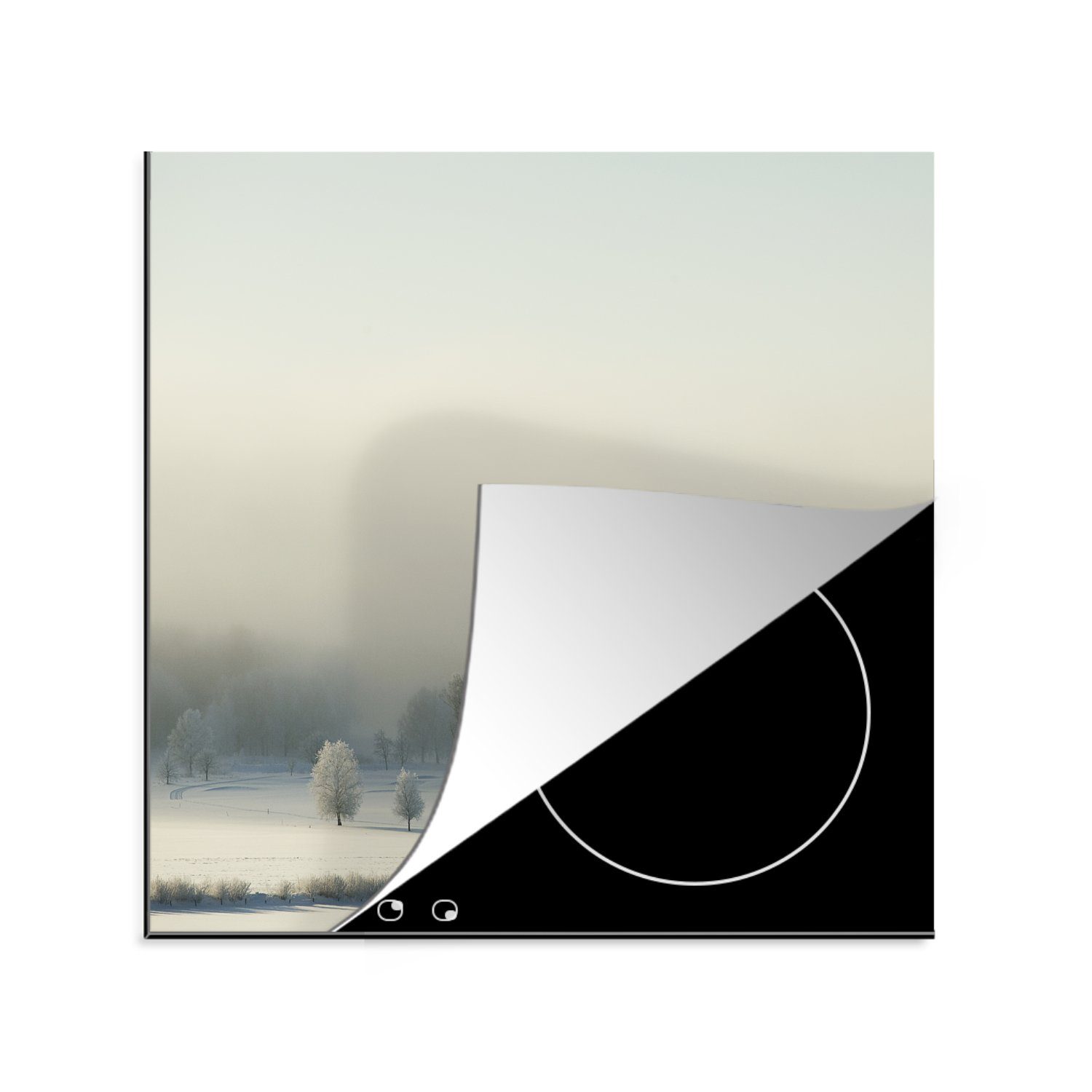 MuchoWow Herdblende-/Abdeckplatte Blick auf eine Winterlandschaft an einem nebligen Tag in Schweden, Vinyl, (1 tlg), 78x78 cm, Ceranfeldabdeckung, Arbeitsplatte für küche