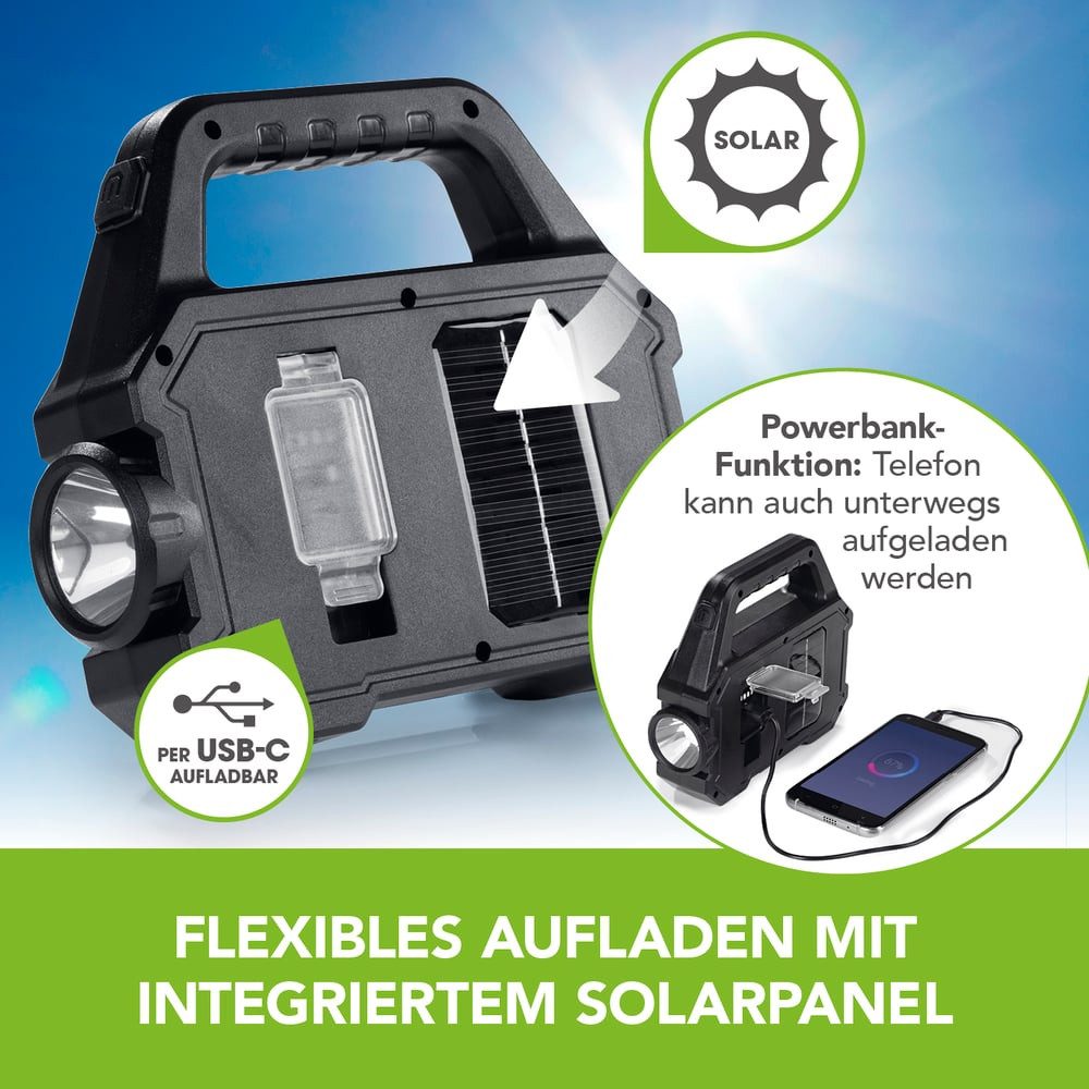 EASYmaxx LED Taschenlampe Solar-Arbeitsleuchte 3 in 1: COB-Strahler, dimmbares Seitenlicht, Aufladen durch Solarpanel oder per USB-Anschluss