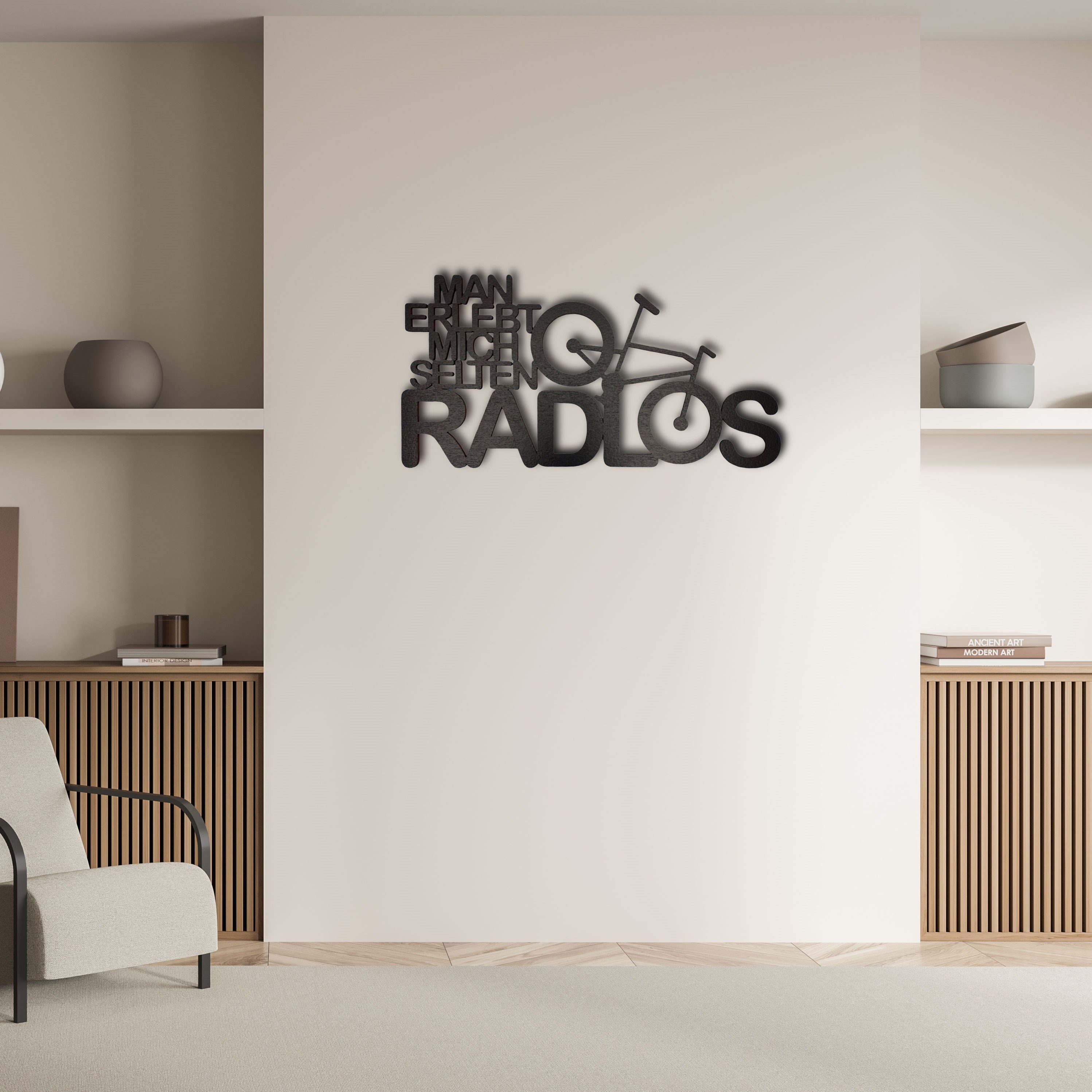 WoodFriends Wandbild Schriftzug aus Holz "man erlebt mich selten radlos" Holzschild, Holz schwarz lackiert