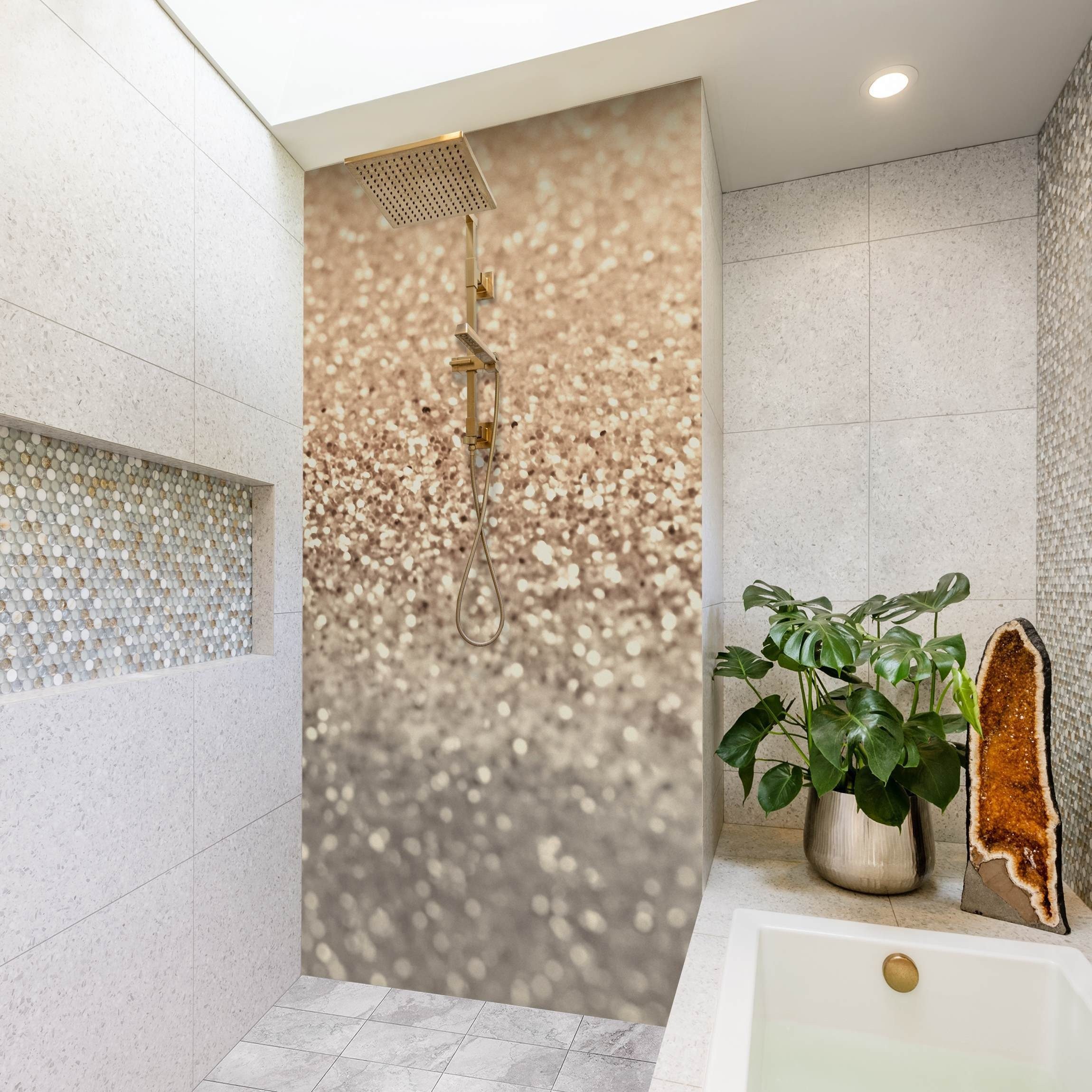 Thumbnail - Bilderdepot24 Duschrückwand Muster gold Duschrückwand ohne Bohren Dusche Fliesenersatz, (1-tlg., 0,61 mm starke Folie se...
