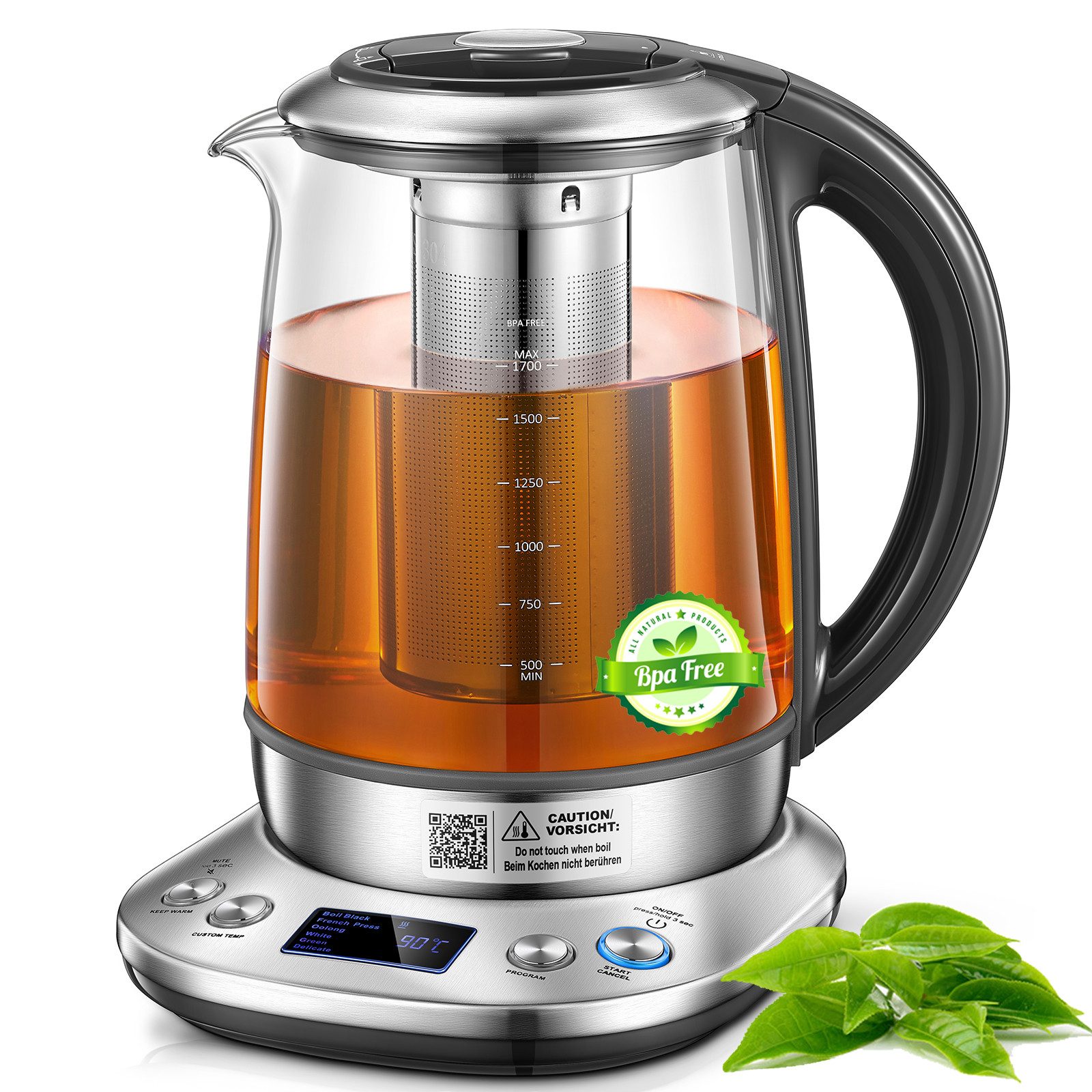 FOHERE Wasserkocher mit Temperatureinstellung 6 Voreinstellungen und Warmhaltefunktion, 1.7 l, 2200 W, mit 10-Minuten-Speicherfunktion