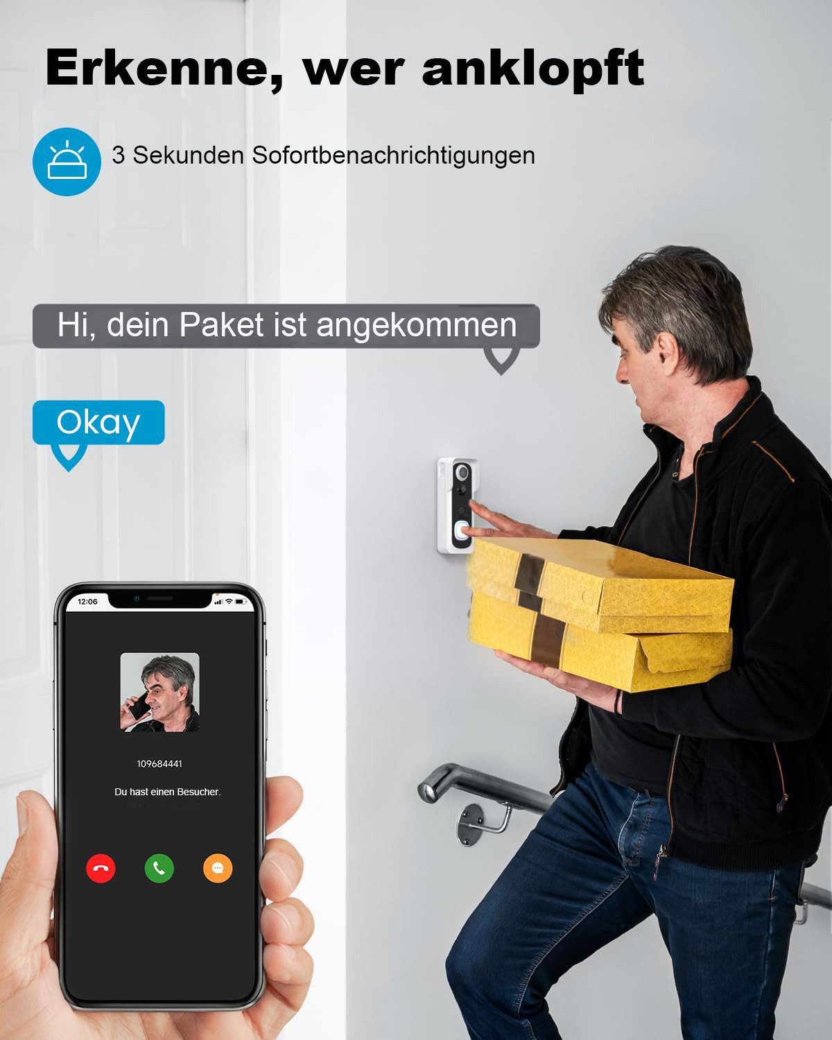 Topcony Smart Home Türklingel Smart Home Türklingel Funkklingel, Kabellose Türklingel Funk Set (Außenbereich, Aussen, Nachtsicht 2-Wege-Audio 150° Blickwinkel Unterstützt Alexa TF & CloudSpeicher, 1-tlg., Extra lange Akkulaufzeit, AI intelligente Erkennung, OTA Upgrade, PIR -Bewegungserkennung (5 Meter Abstand, 100 ° Winkel)