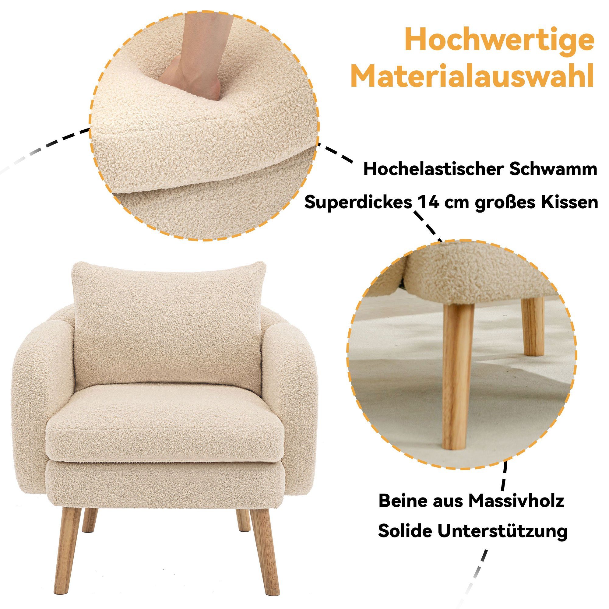 Merax Sessel mit Zierkissen und Massivholzbeine, Loungesessel, Einzel Loungesofa, Einzelsessel mit Teddyplüsch,Relaxsessel