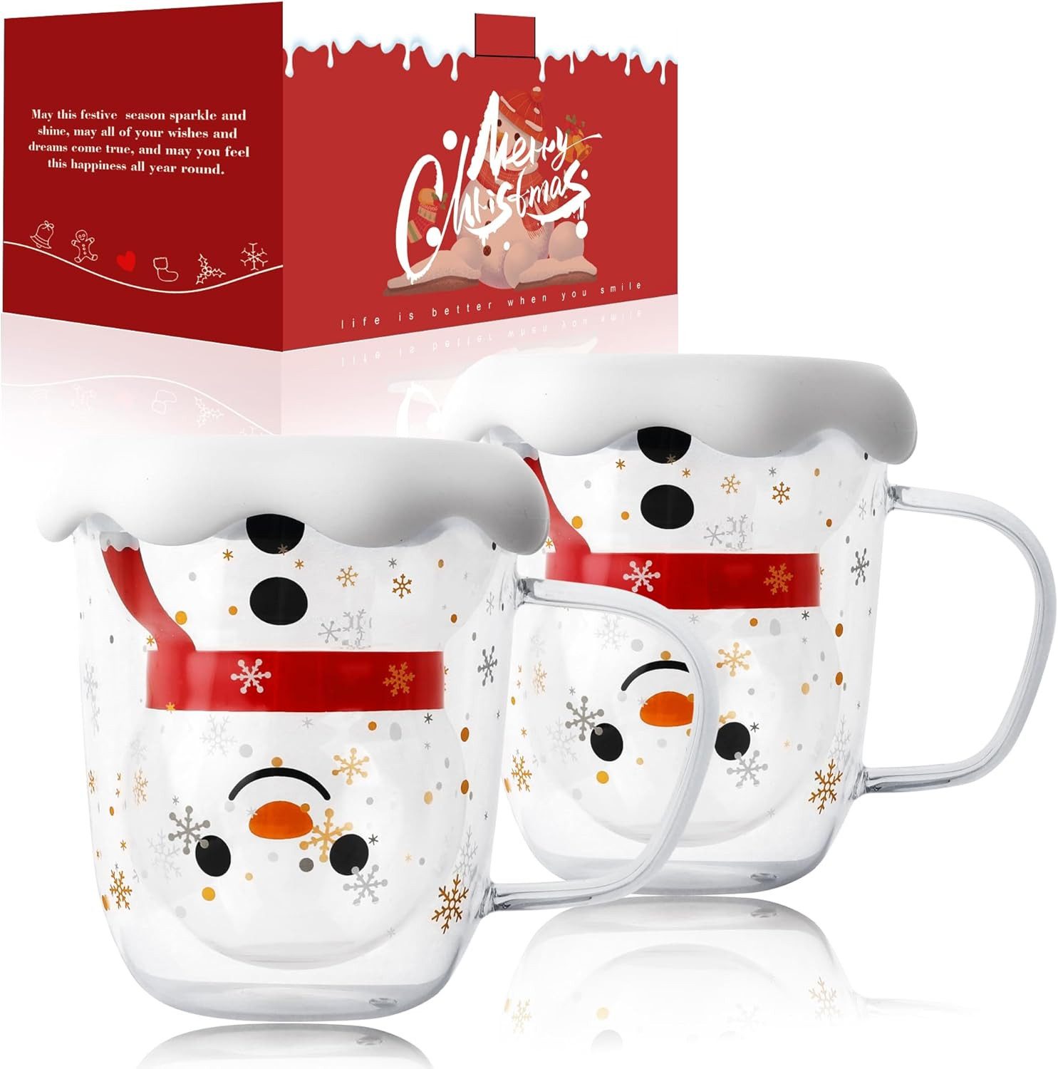 LIBWYS Thermotasse Doppelwandige Weihnachts-Tassen 2er Set 370 ml Deckel Kaffee Tee Latte, 4-tlg., Borosilikatglas, Doppelwand, Hitzebeständig, Leicht, Mikrowellengeeignet