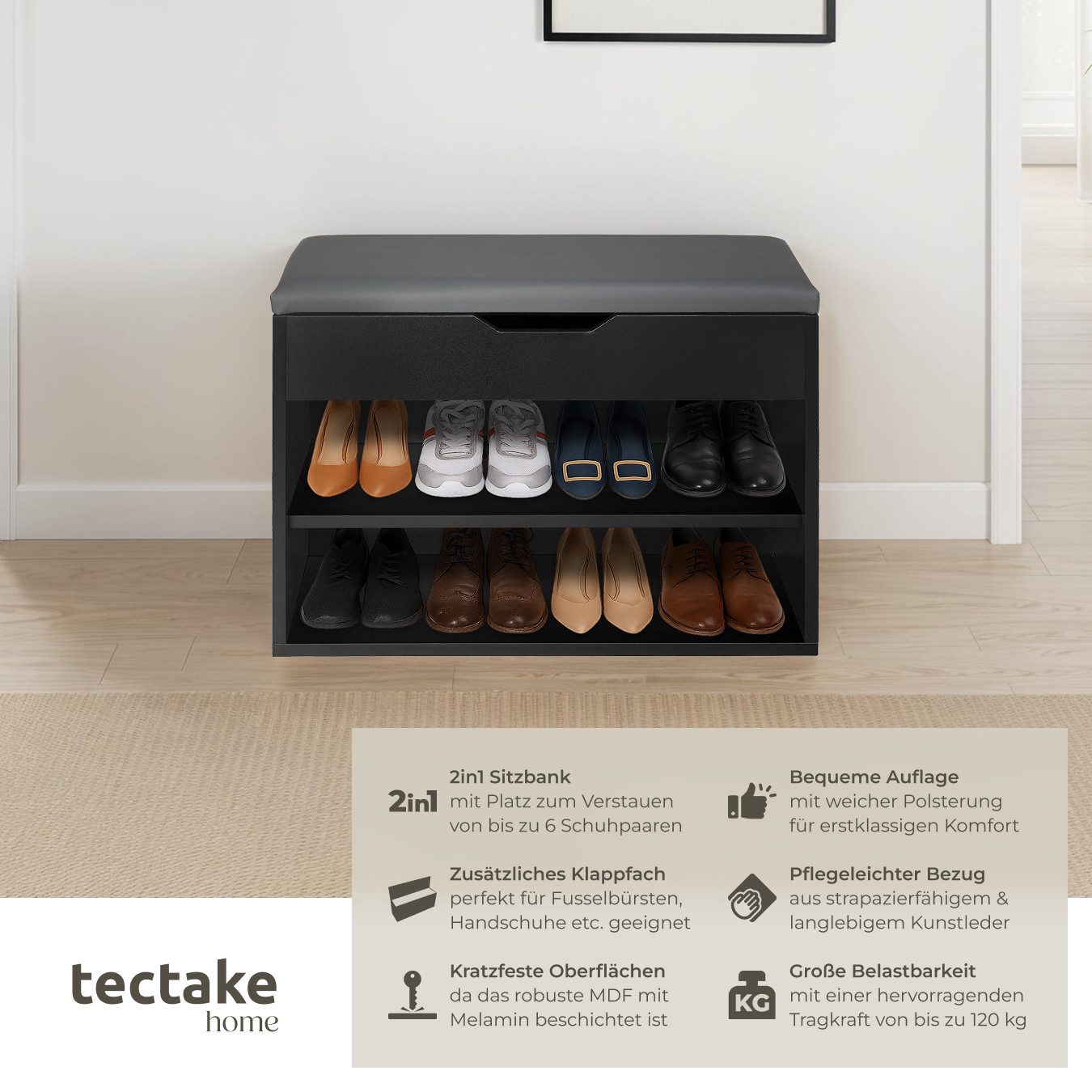 tectake Schuhschrank Schuhbank Jasmina mit Sitzpolster für 6 Paar Schuhe, 6 günstig online kaufen