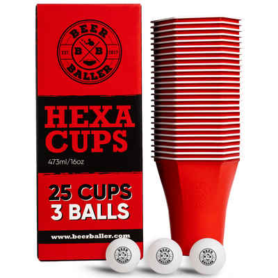 BeerBaller Becher BeerBaller® Hexa Cups - 25 Sechseckige Beer Pong Becher & 3 Bierpong Bällen als Set, 16oz/473ml