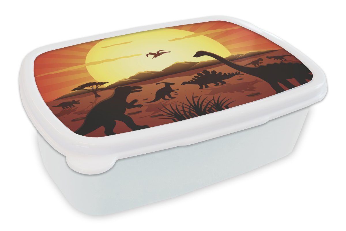 MuchoWow Lunchbox Dino - Sonne - Natur - Zeichnung - Kinder - Jungen, Kunststoff, (2-tlg), Brotbox für Kinder und Erwachsene, Brotdose, für Jungs und Mädchen weiß