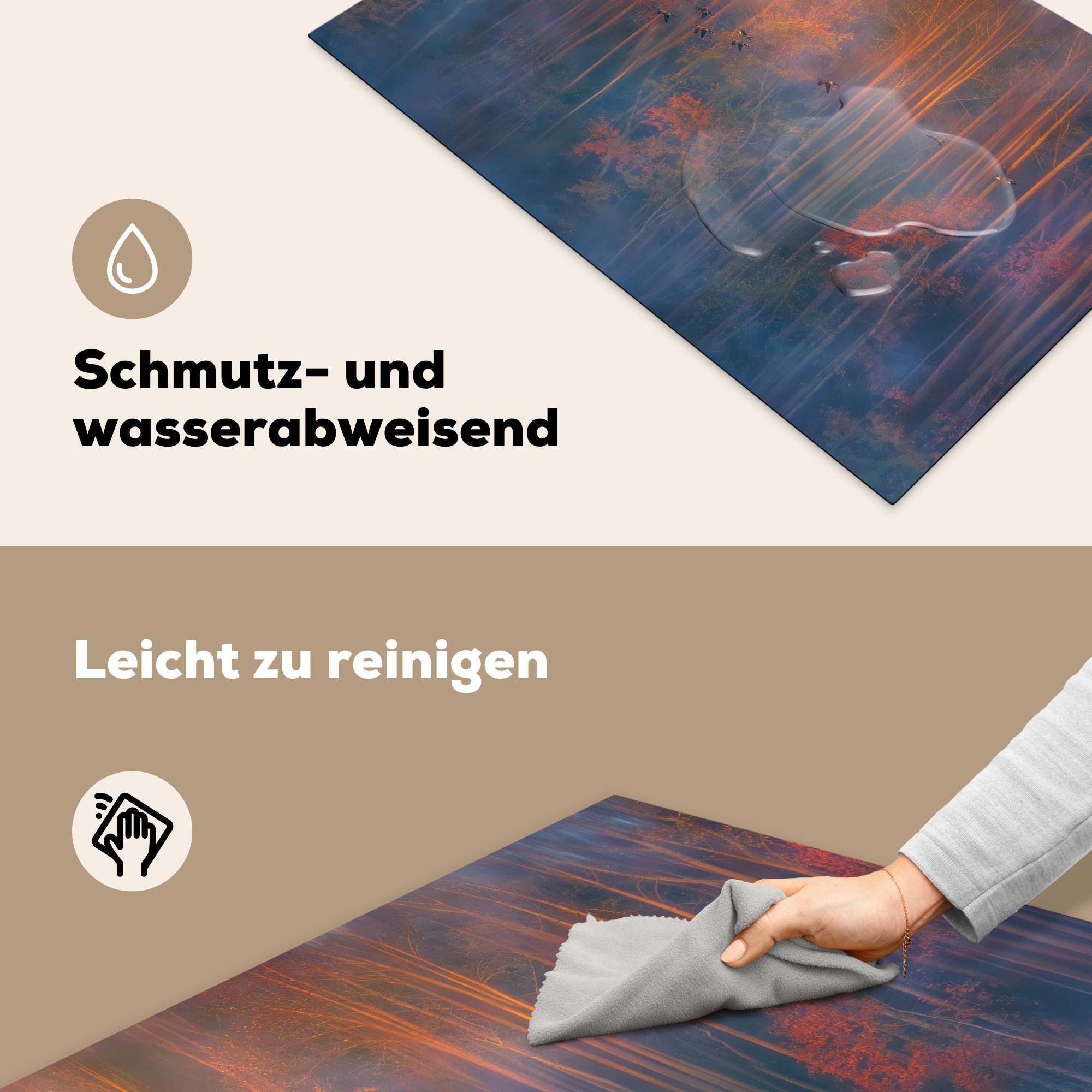 Herbst Wald Herdblende-/Abdeckplatte - Vinyl, für die MuchoWow Ceranfeldabdeckung - Schutz (1 cm, tlg), küche, Nebel, 81x52 Induktionskochfeld