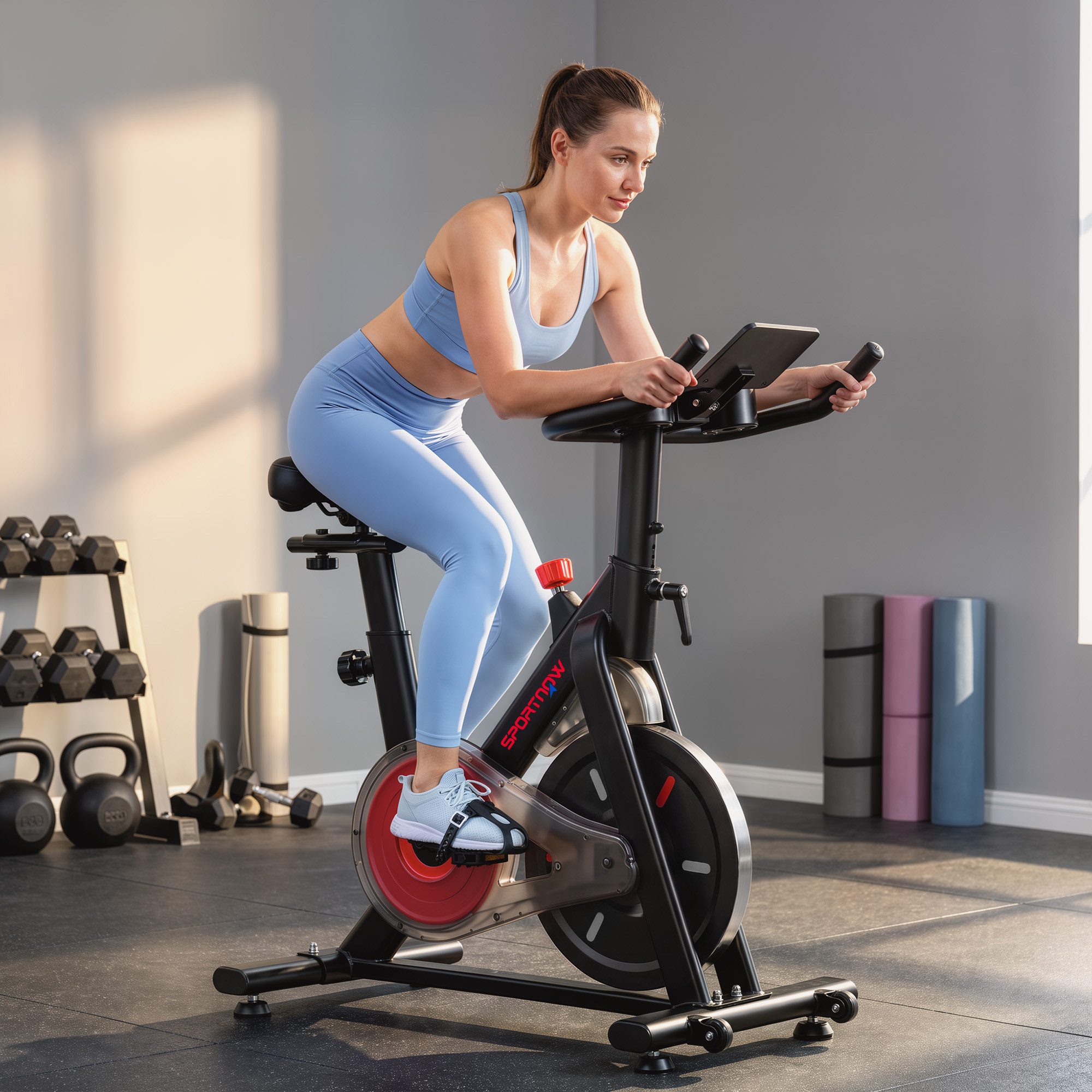 SPORTNOW Heimtrainer mit Magnetwiderstand APP verstellbarem Sitz Kettenabdeckung (Fitnessbike, 1-tlg., Heimtrainer Fahrrad), LCD-Monitor Handyhalter, Leise Stabil