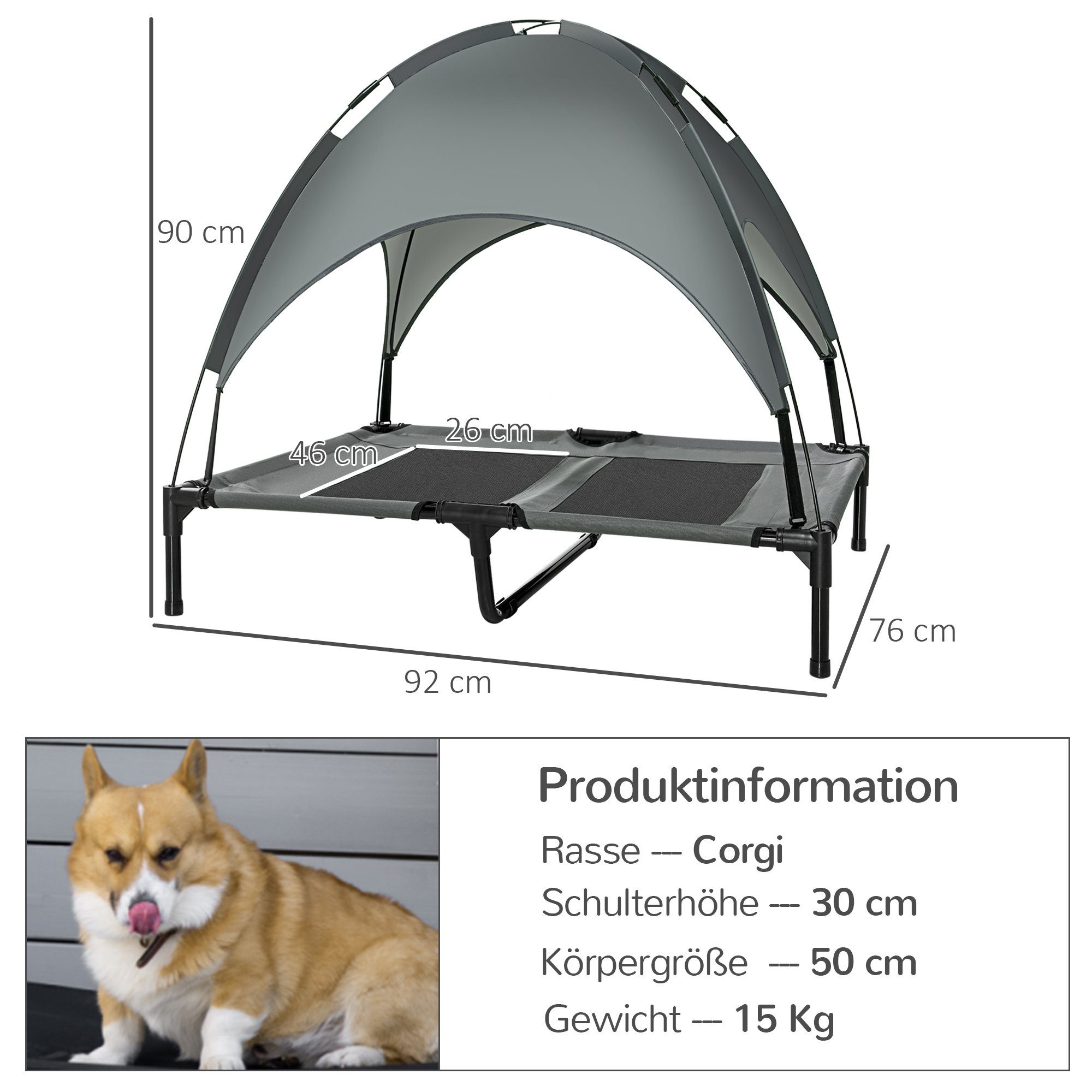 PawHut Tierbett Hundeliege mit Baldachin, Oxford, Netzstoff, Taftstoff, für Garten, Balkon, Grau