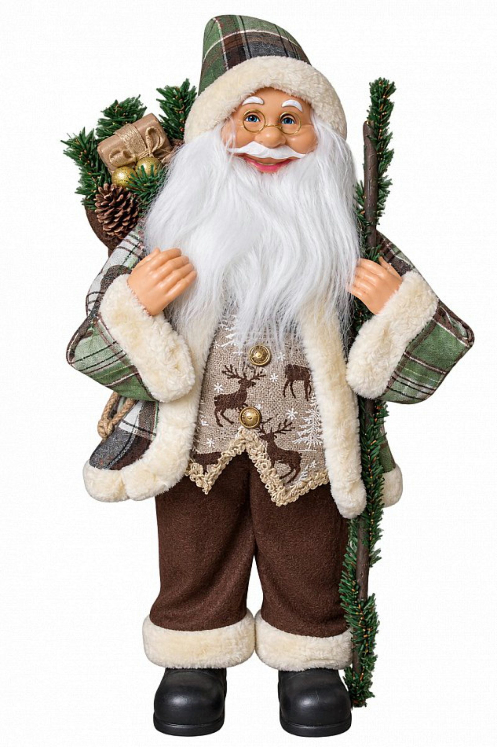 Koopman Weihnachtsmann Weihnachtsfigur Weihnachten XL 60cm Grün Polyester (Stück, 1 St., Packung), 60x34x12cm, Geschenkebeutel, Kariertes Outfit, Gehstock, Kunststoff