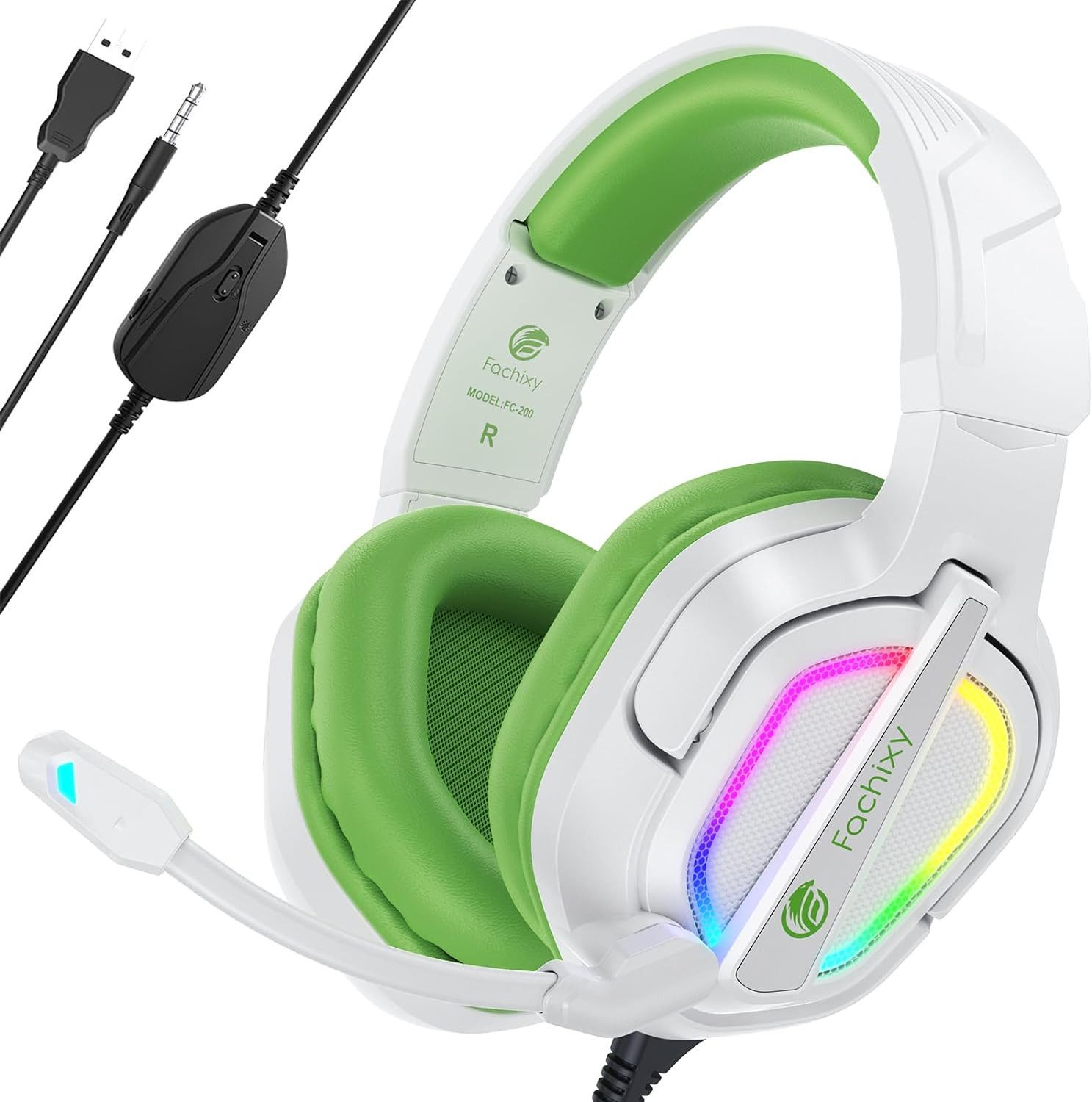 Fachixy FC200 für PS4/PS5/PC/Xbox/Switch, Geräuschunterdrückung Gaming-Headset (Computer-Headset mit 3,5mm Stecker und RGB-Beleuchtung)