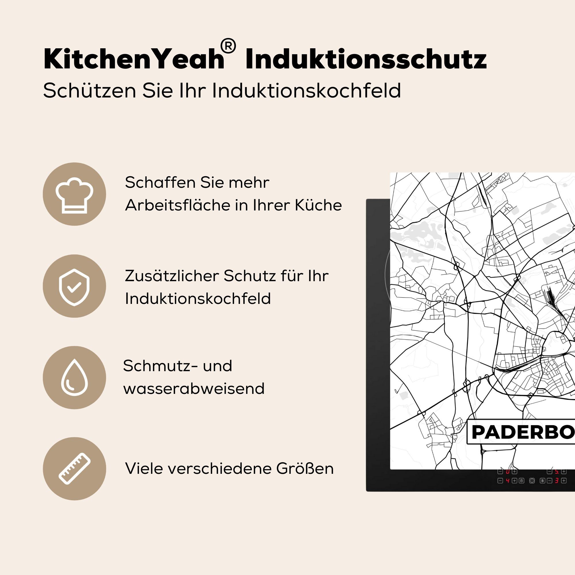 MuchoWow Herdblende-/Abdeckplatte Vinyl, - küche 78x78 Arbeitsplatte Ceranfeldabdeckung, tlg), für (1 cm, Paderborn, Stadtplan - Karte