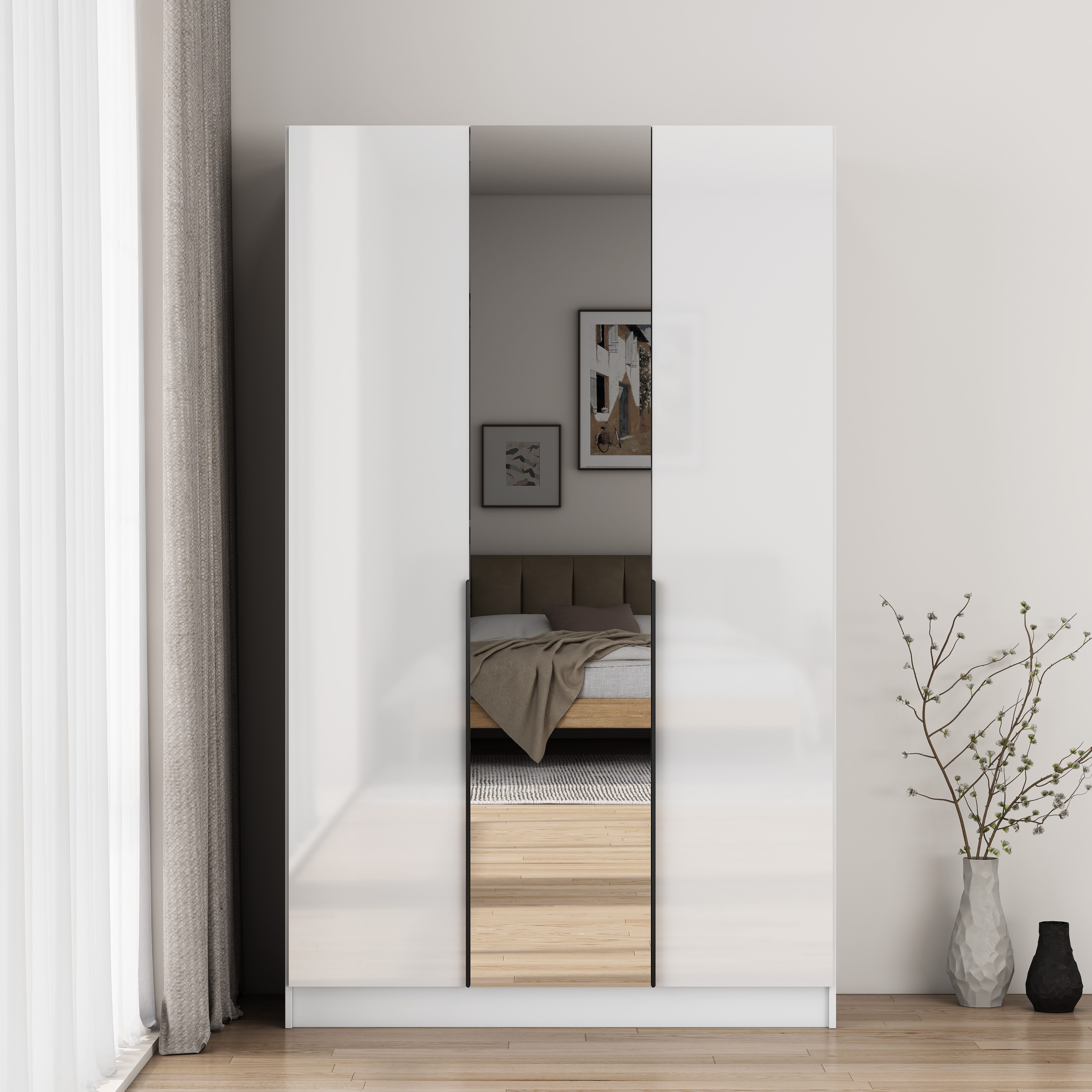 OTTO home Kleiderschrank Annor Schlafzimmerschrank Breite 122cm hochglanz Schrank Garderobe (Mit großem Spiegel für Ganzkörper Ansichten) Drehtürenschrank mit perfekter Innenausstattung - elegante Türgriffe