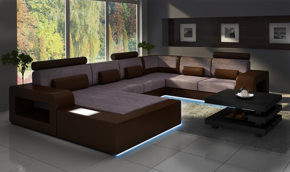JVmoebel Ecksofa, Wohnlandschaft mit Couch Beleuchtung Sofa Leder Textil Sofa Stoff