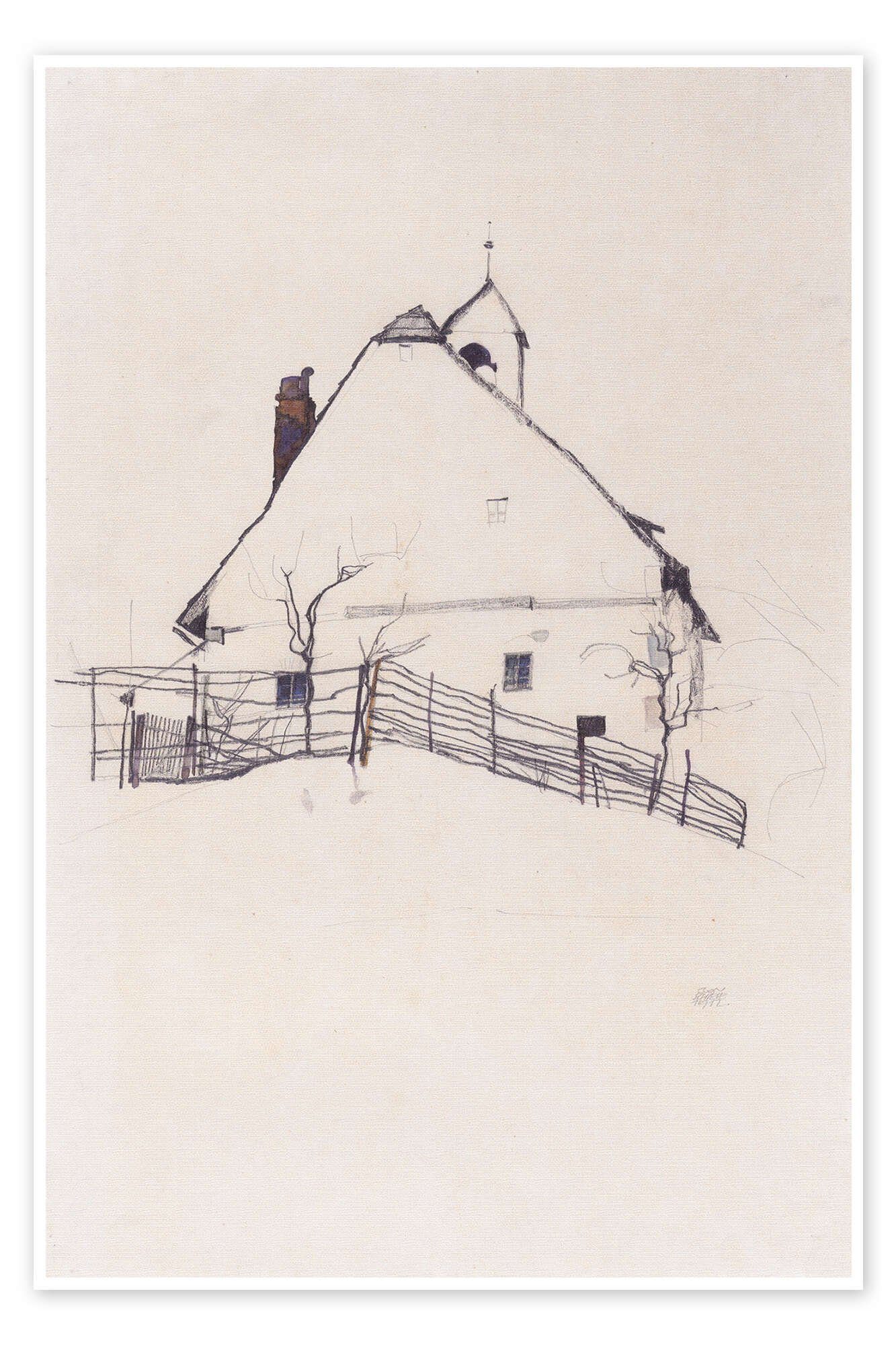 Posterlounge Wandbild Wohnhaus mit Zaun, Egon Schiele, erhältlich als Poster, Leinwandbild, Wandsticker oder Acrylglasbild