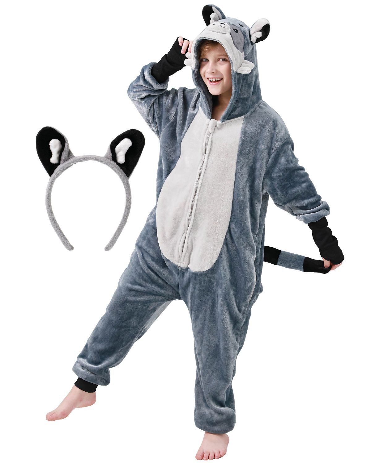 Corimori Jumpsuit Flauschiges Waschbär-Kostüm für Kinder + Haarreif (2-tlg) Jumpsuit, Pyjama, Fasching, Kigurumi, Tierkostüme, Waschbär "Lina"