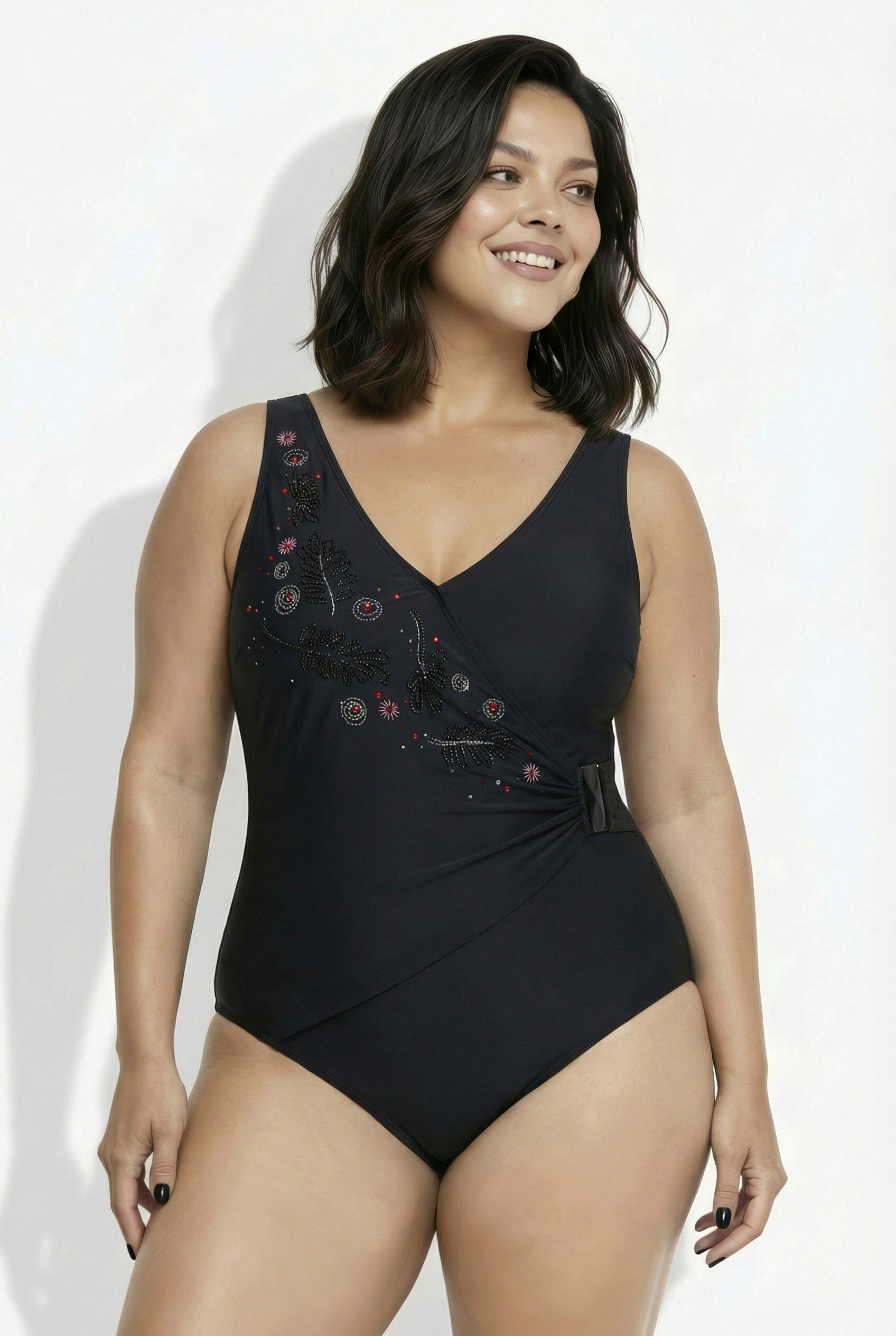 Ulla Popken Badeanzug Badeanzug Wickeleffekt Softcups Zierschnalle