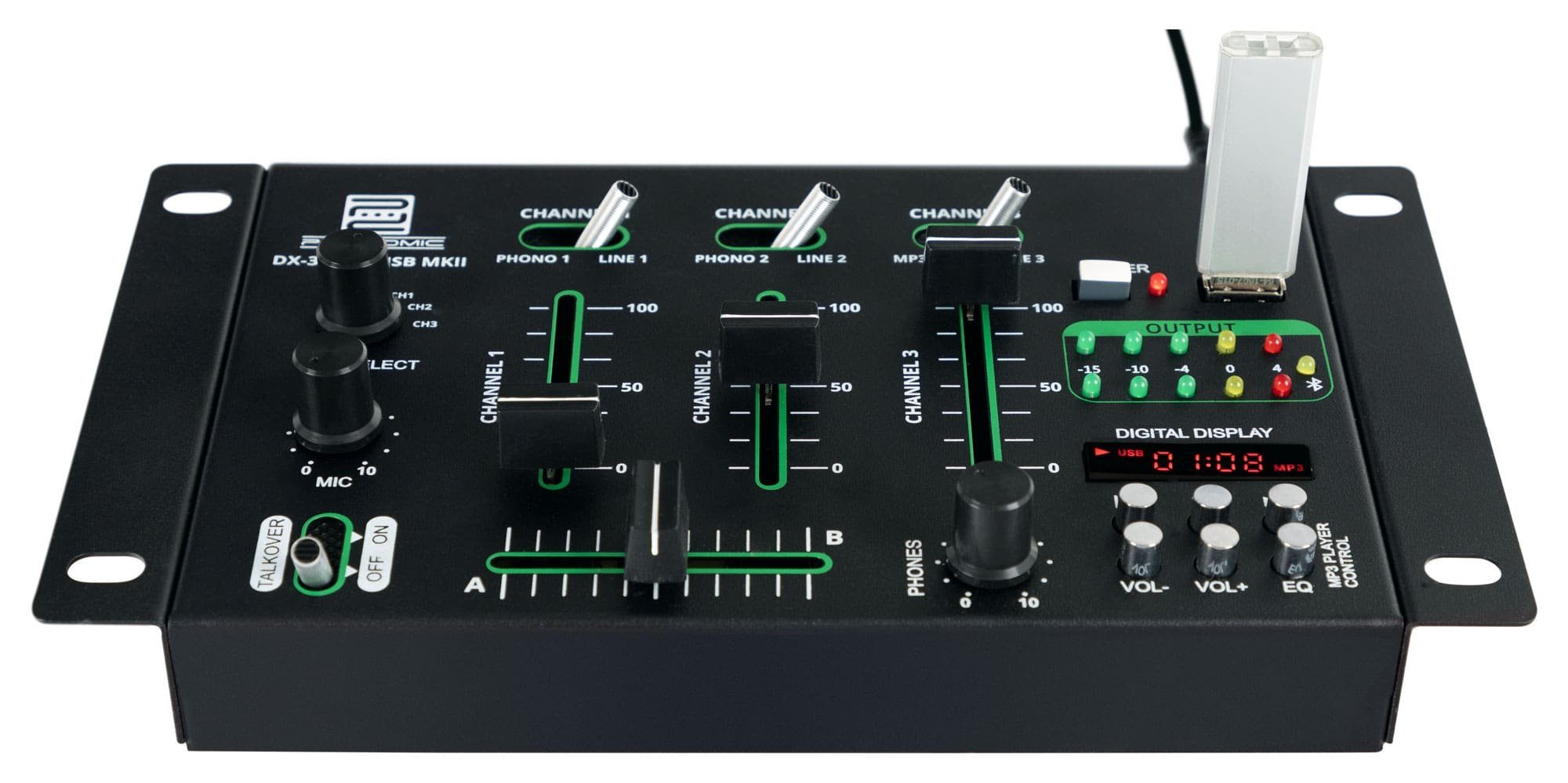 Pronomic DJ Controller DX-30BTU USB MKII DJ-Mixer - Bluetooth - 3 Kanäle - Cue-Funktion, (Talkover-Funktion), Hochqualitativer USB/MP3/Bluetooth-Player