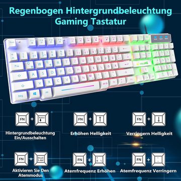 ZIYOU LANG Gaming mit Handballenauflage, QWERTZ Deutsches Layout Tastatur- und Maus-Set, Ergonomische Keyboard6Tasten 2400DPI Maus,Mauspad für Windows Mac PS4