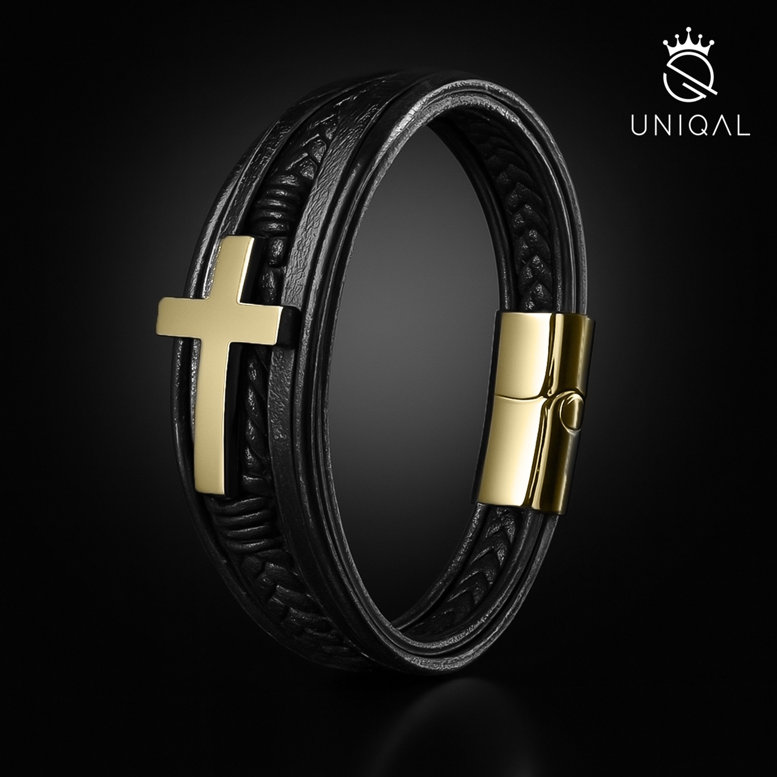 UNIQAL.de Lederarmband HEAVEN – Kreuzarmband aus Edelstahl, Symbol für Glaube & Stärke (Edelstahl, Echtleder, Casual Style, Magnetverschluss mit Verlängerungsglied), Premium Qualität, Männerschmuck, Geschenkidee