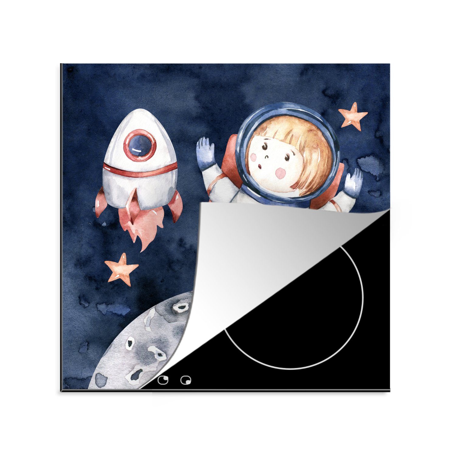 MuchoWow Herdblende-/Abdeckplatte Weltraum - Rakete - Mond - Jungen - Mädchen - Kinder, Vinyl, (1 tlg), 78x78 cm, Ceranfeldabdeckung, Arbeitsplatte für küche
