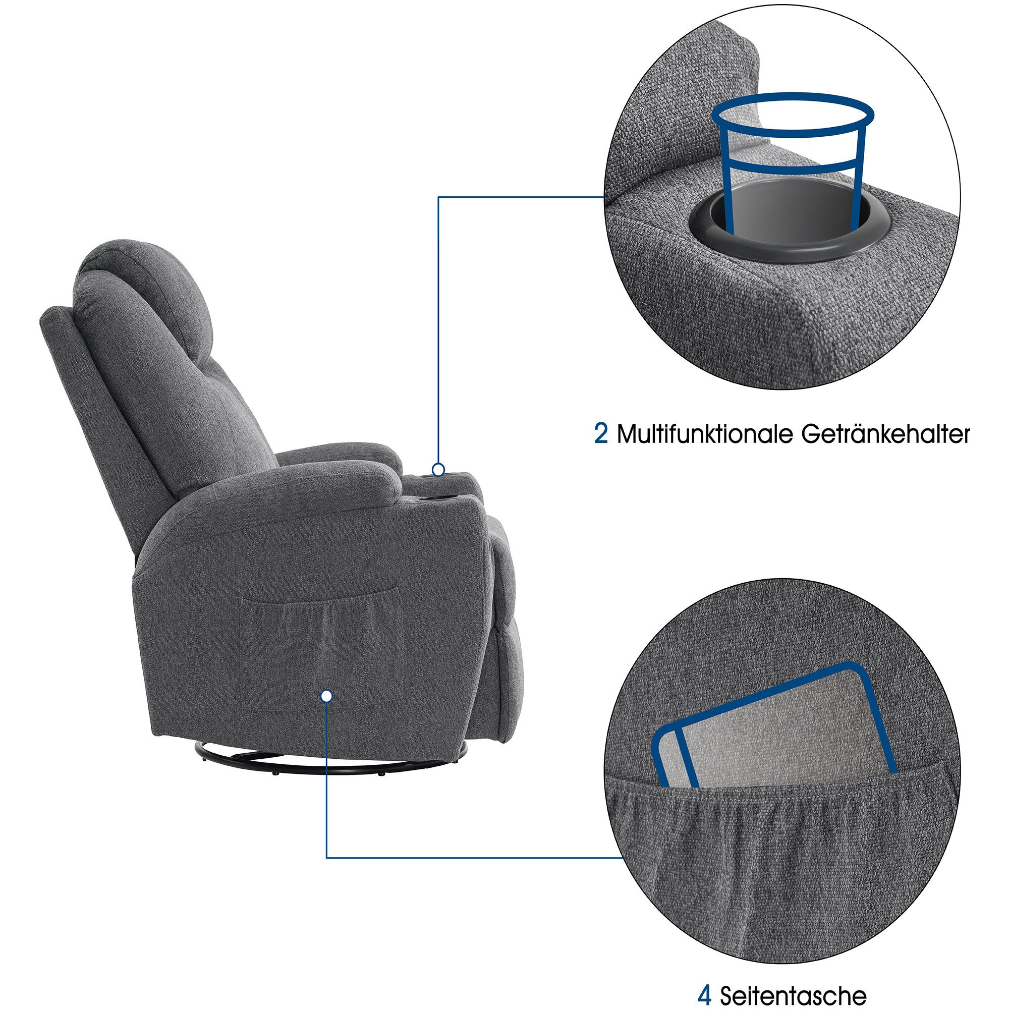 MCombo Relaxsessel MCombo manuell Massagesessel TV-Sessel Relaxsessel 7020, manuell, mit Heizung, 360° drehbar und schwenkbar, 100 × 92 × 109 cm