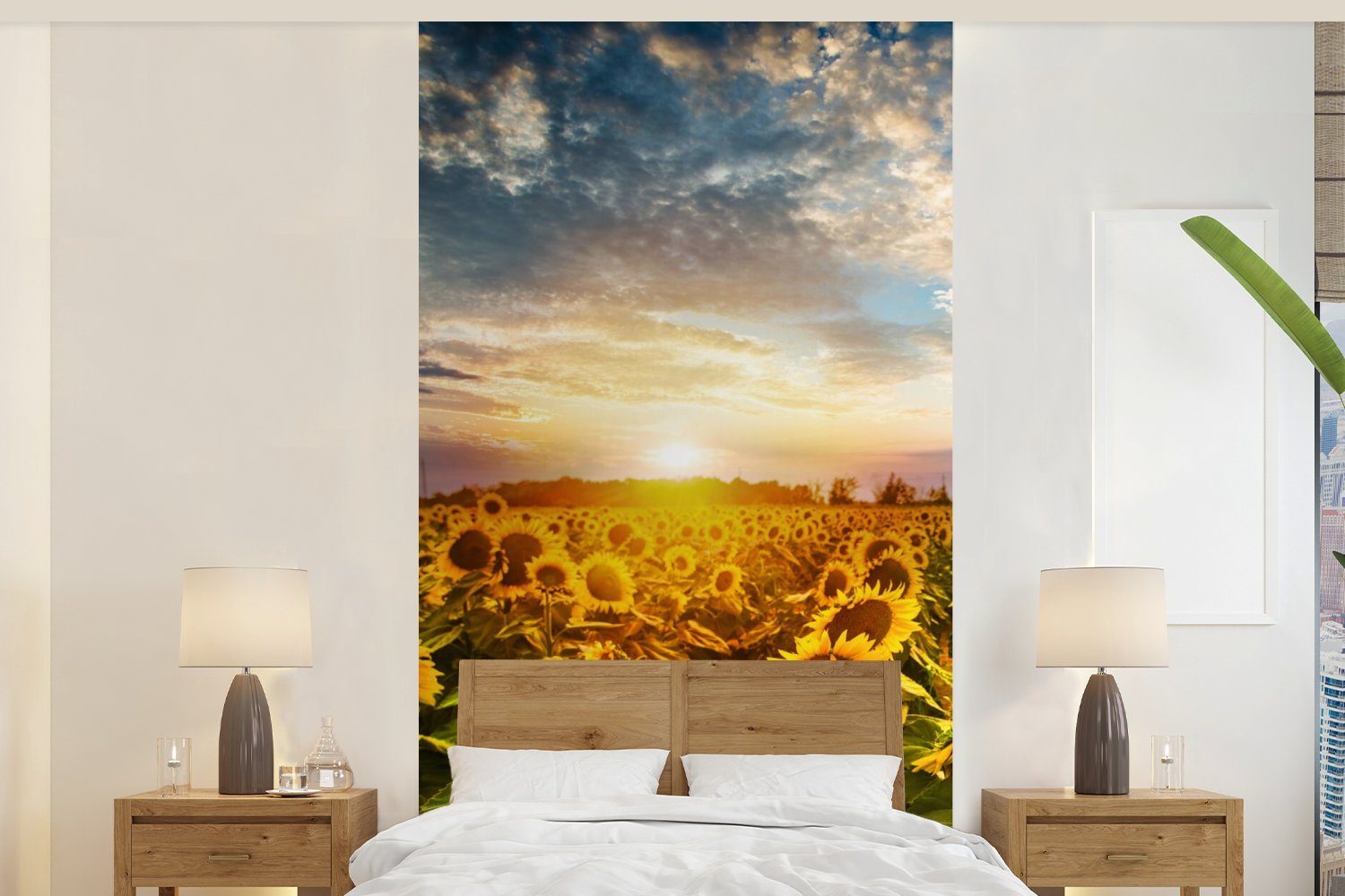Himmel, Sonnenblume Fototapete Wohnzimmer (2 bedruckt, St), Vliestapete Schlafzimmer MuchoWow für Fototapete - - Matt, Küche, Blumen