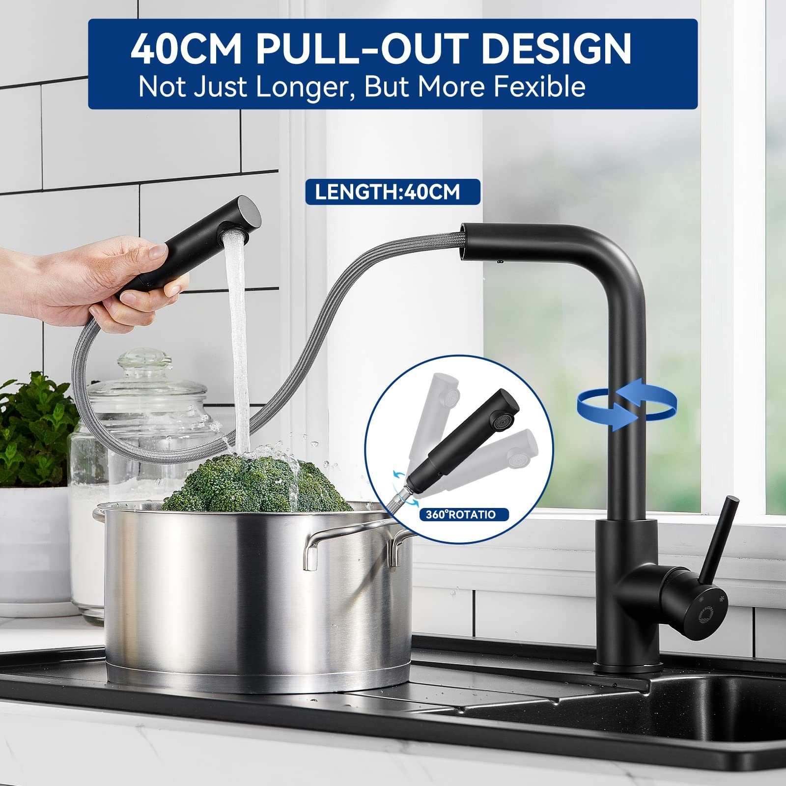 CECIPA Spültischarmatur Schwarz Ausziehbar Küchenarmatur 360° Spültischarmatur Drehbar Wasserhahn