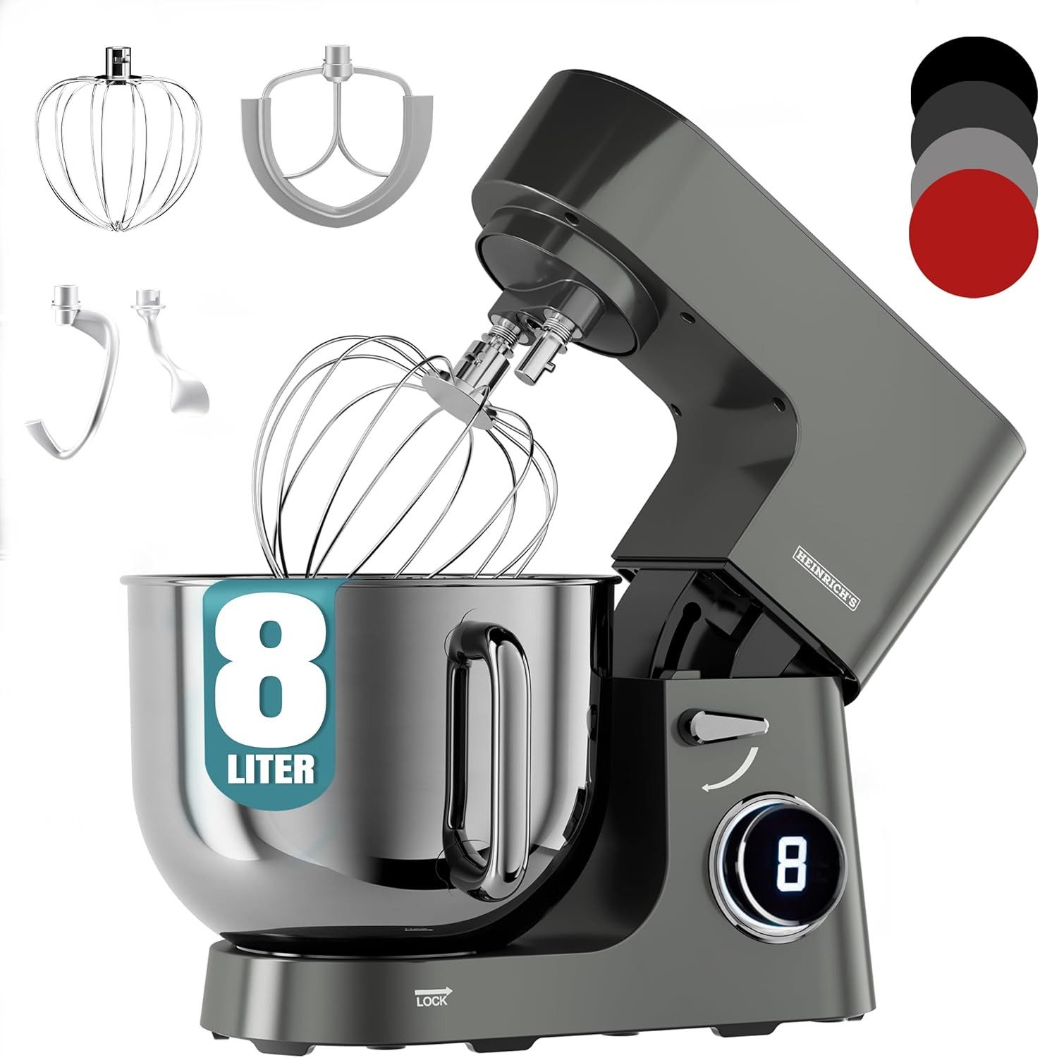 Heinrich´s Küchenmaschine, 2500 W, 8 l Schüssel, 2500W, 8L Edelstahl, Titan, Teigmaschine