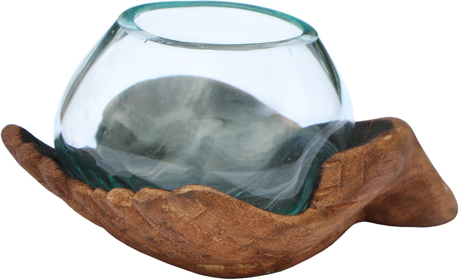 Dekoschale Glas Schale Ø 10 cm in geschnitzter Holz Hand Teakholz Gamal Bali Vase