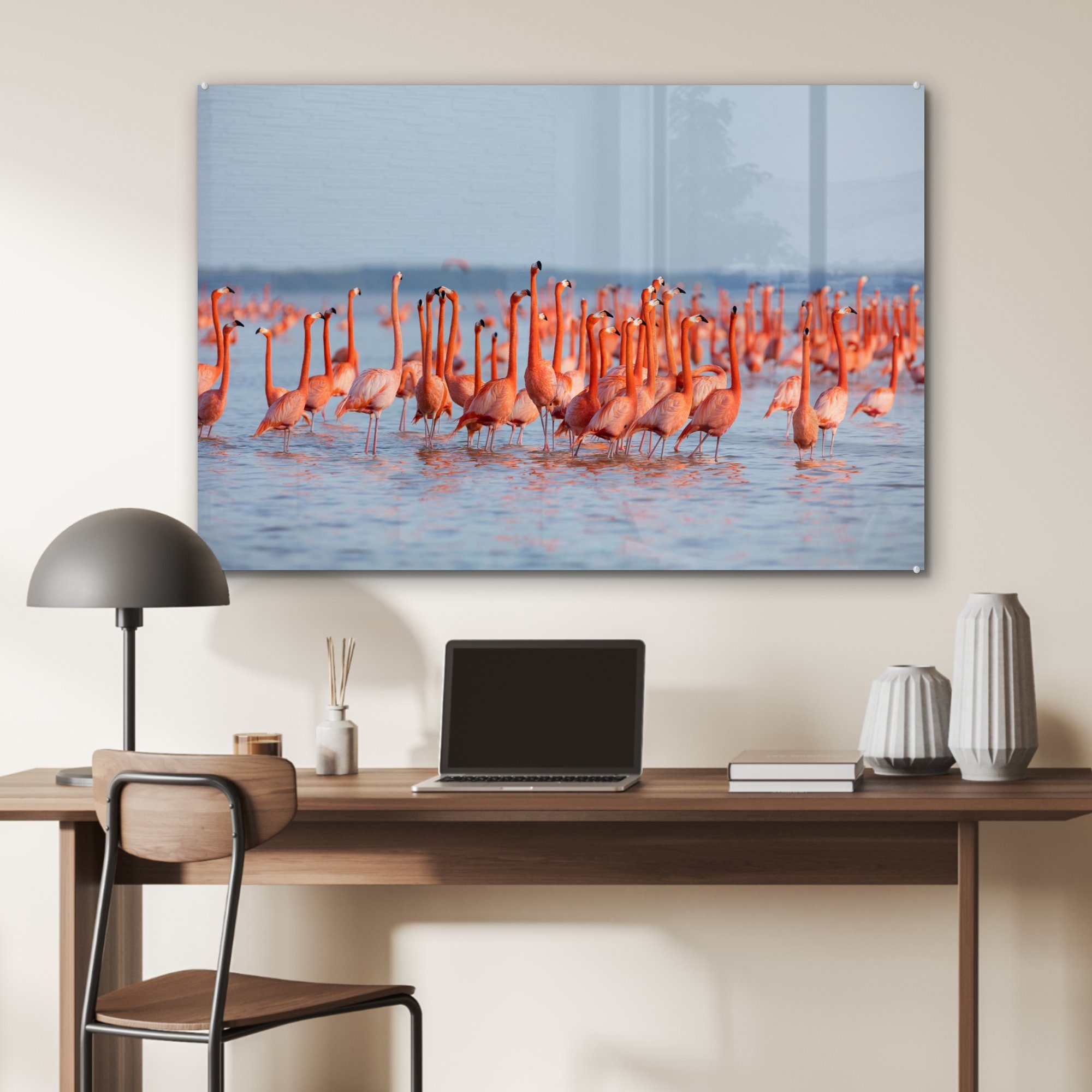 MuchoWow Acrylglasbild Große Gruppe & von Wasser, Wohnzimmer Acrylglasbilder (1 St), Schlafzimmer im Flamingos
