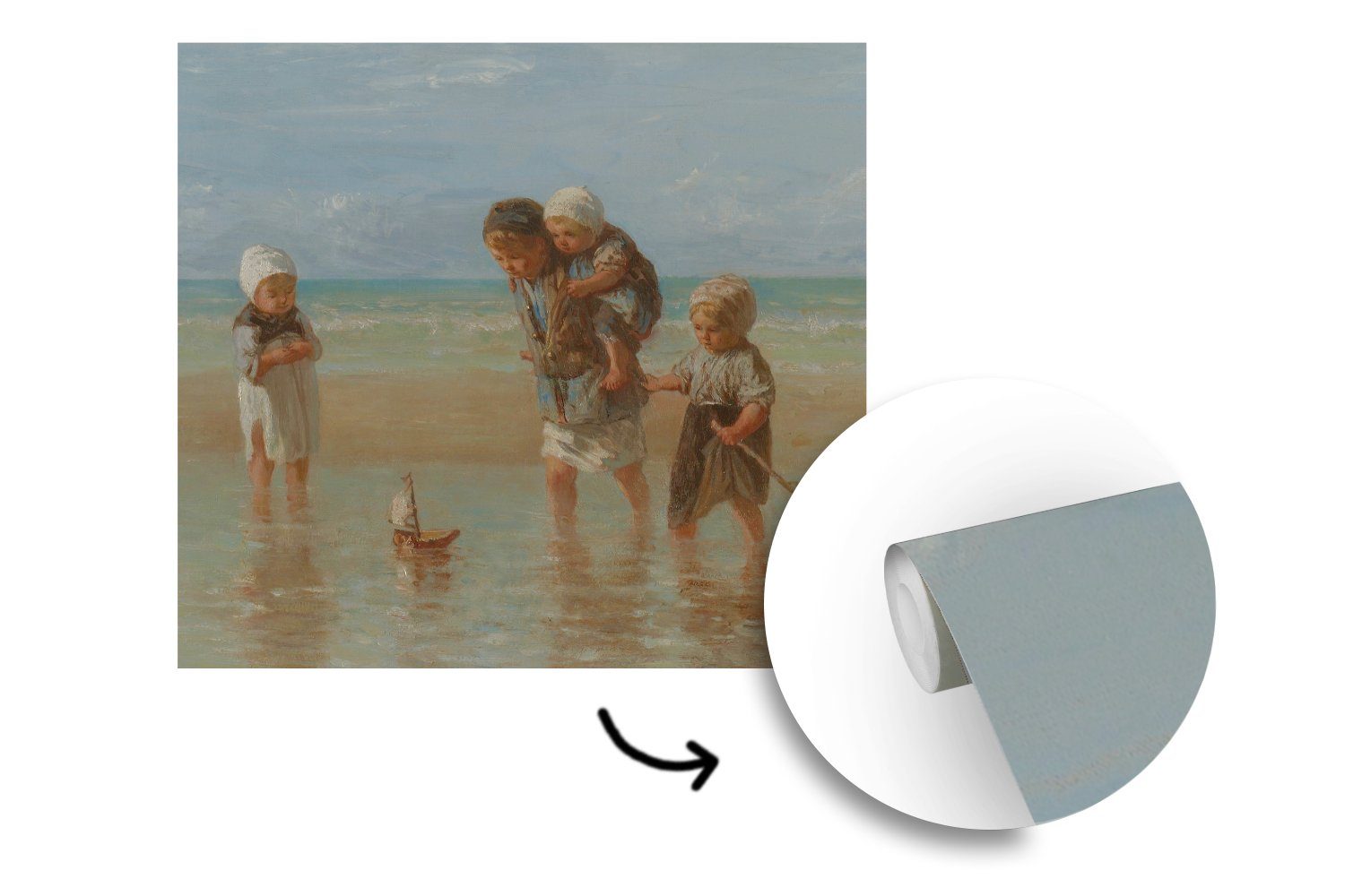 St), für Vliestapete Küche, des MuchoWow Gemälde bedruckt, Kinder Meeres - Jozef Fototapete von Schlafzimmer Israëls, (4 Fototapete Matt, Wohnzimmer