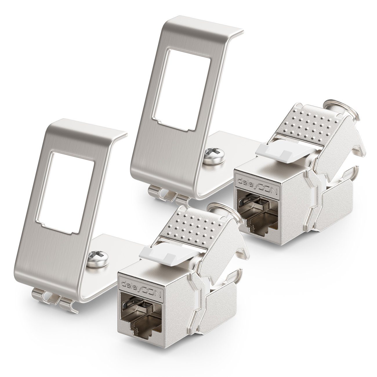 deleyCON 2x CAT6a Keystone & 2x 1-Port Hutschienenadapter Metall STP Netzwerk-Adapter