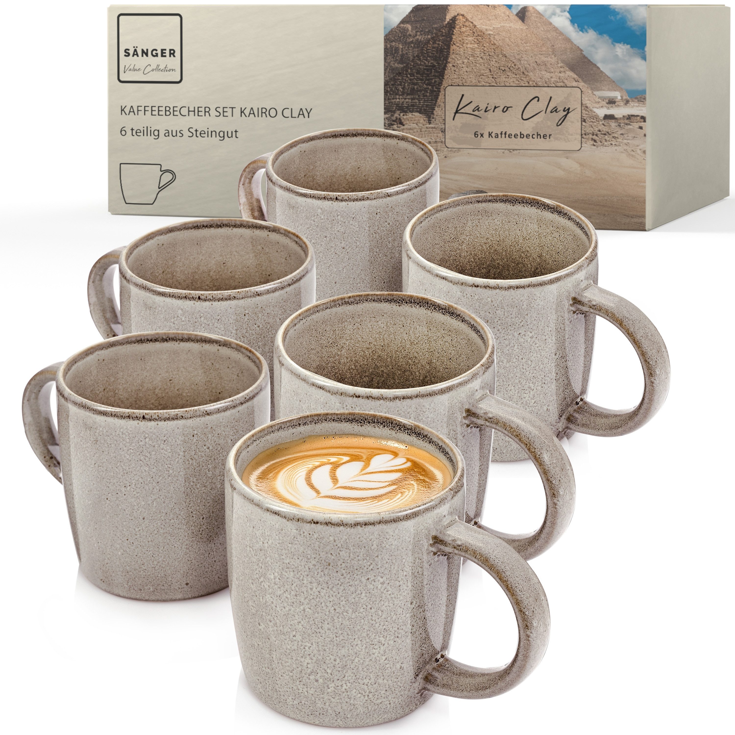 SÄNGER Becher Set Kairo, 6-tlg., Steingut, 6 tlg. Kairo Clay Kaffeebecher, Grau, Handmade, VALUE COLLECTION