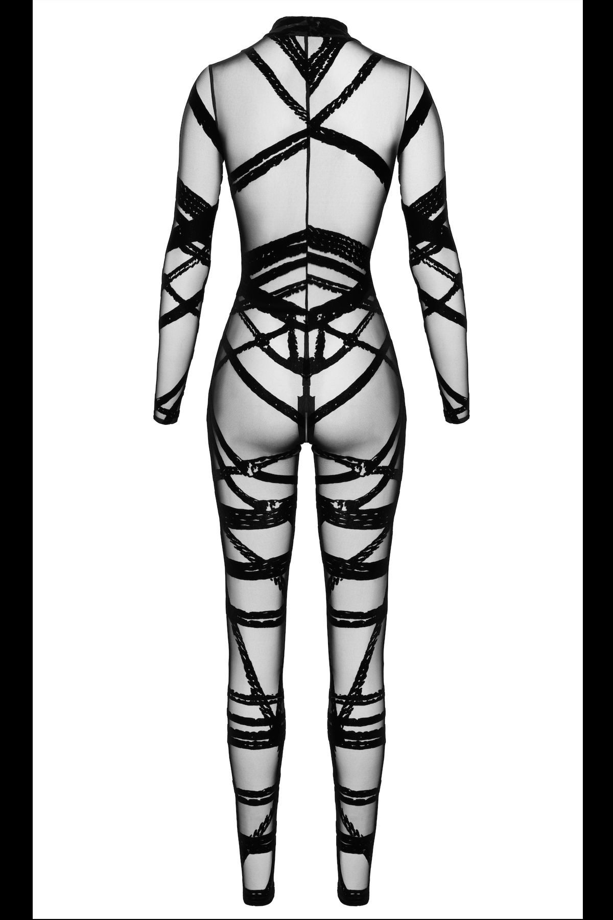 Noir Handmade Overall Damen Wetlook Overall schwarz mit Netz und Ausschnitt transparent offe
