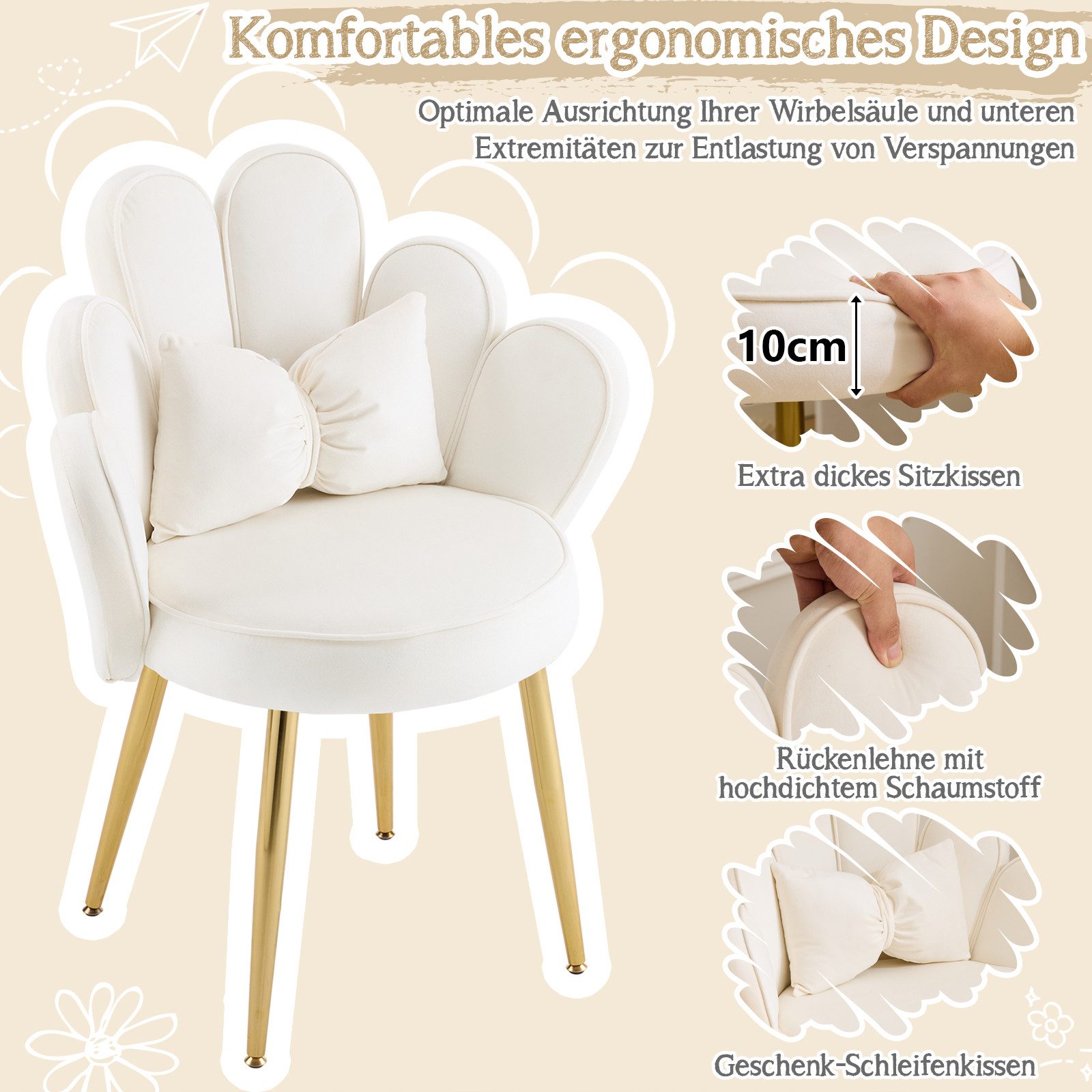VINGLI Polsterstuhl mit Schleife Zierkissen, Schminktisch Stuhl, Monderne Esszimmerstuhl – Bild 4 von 5