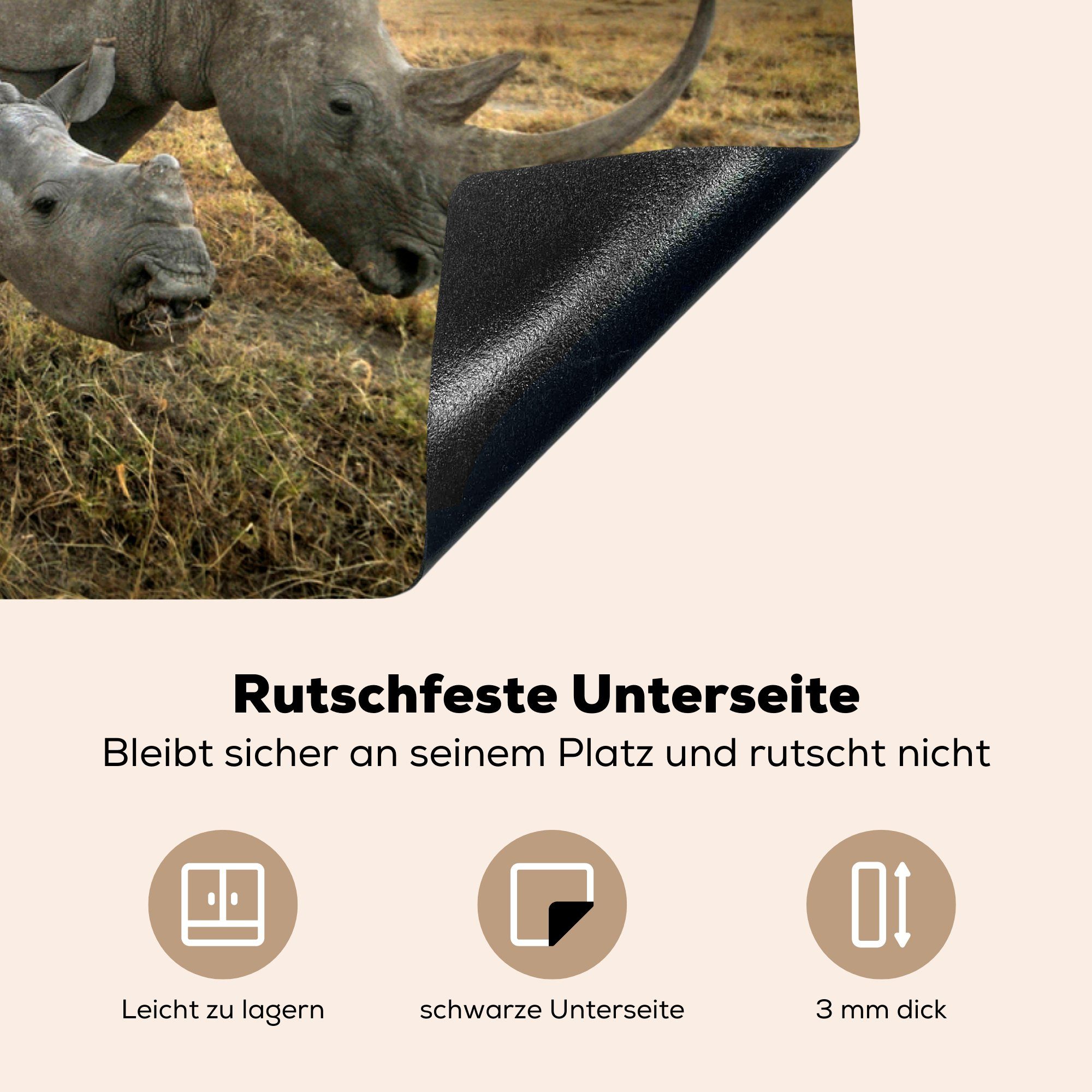 cm, Vinyl, Ceranfeldabdeckung küche, MuchoWow die - für - Rhinozeros Tiere, Induktionskochfeld Kalb Herdblende-/Abdeckplatte Schutz 81x52 tlg), (1