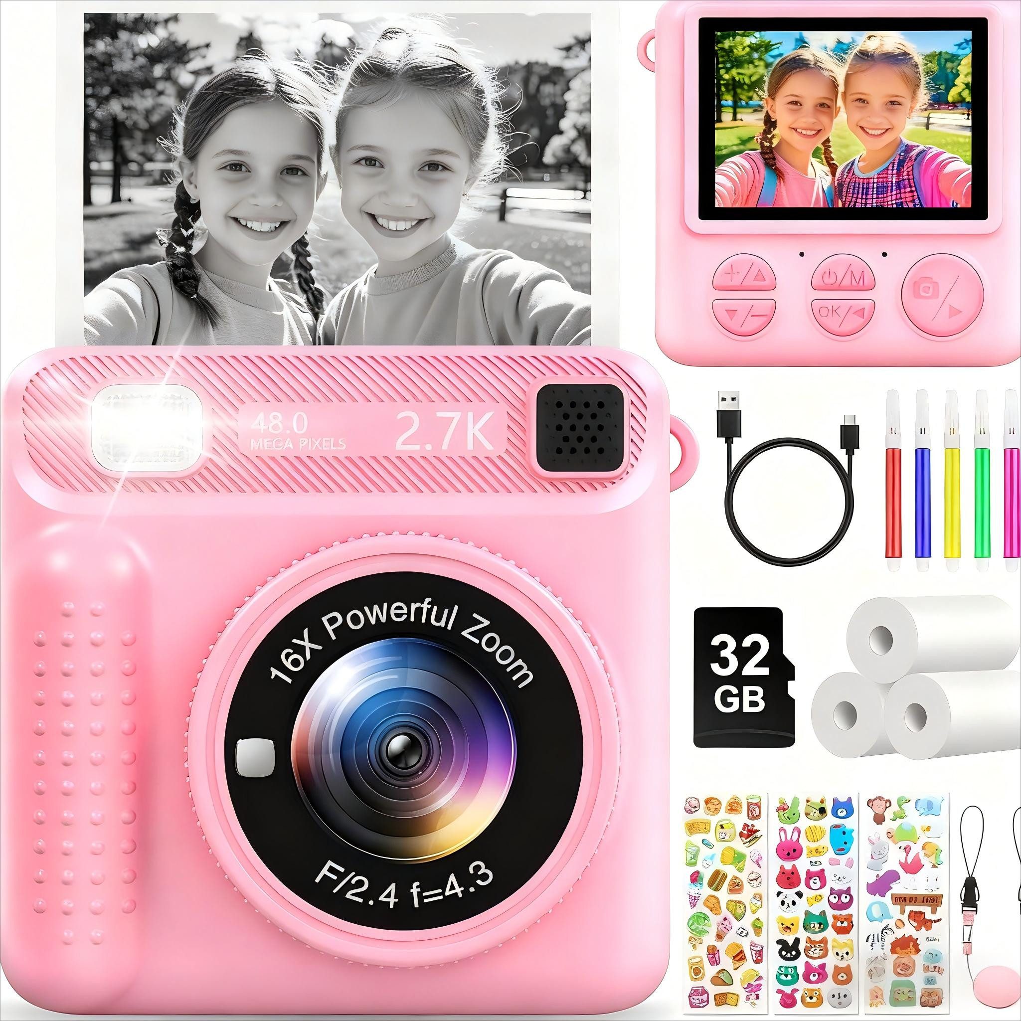 Ophy Sofortbildkamera für Kinder (rosa) – 1080P, 2,4 Zoll Bildschirm Kinderkamera (inkl. 32GB Karte & Druckpapier, ideales Geschenk für Jungen & Mädchen (3–12 Jahre)