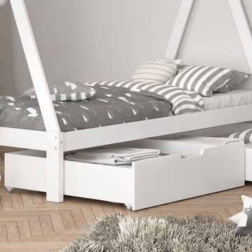VitaliSpa® Kinderbett Kinderhausbett Umbau 90x200cm TIPI Weiß 2 Schubladen Matratze