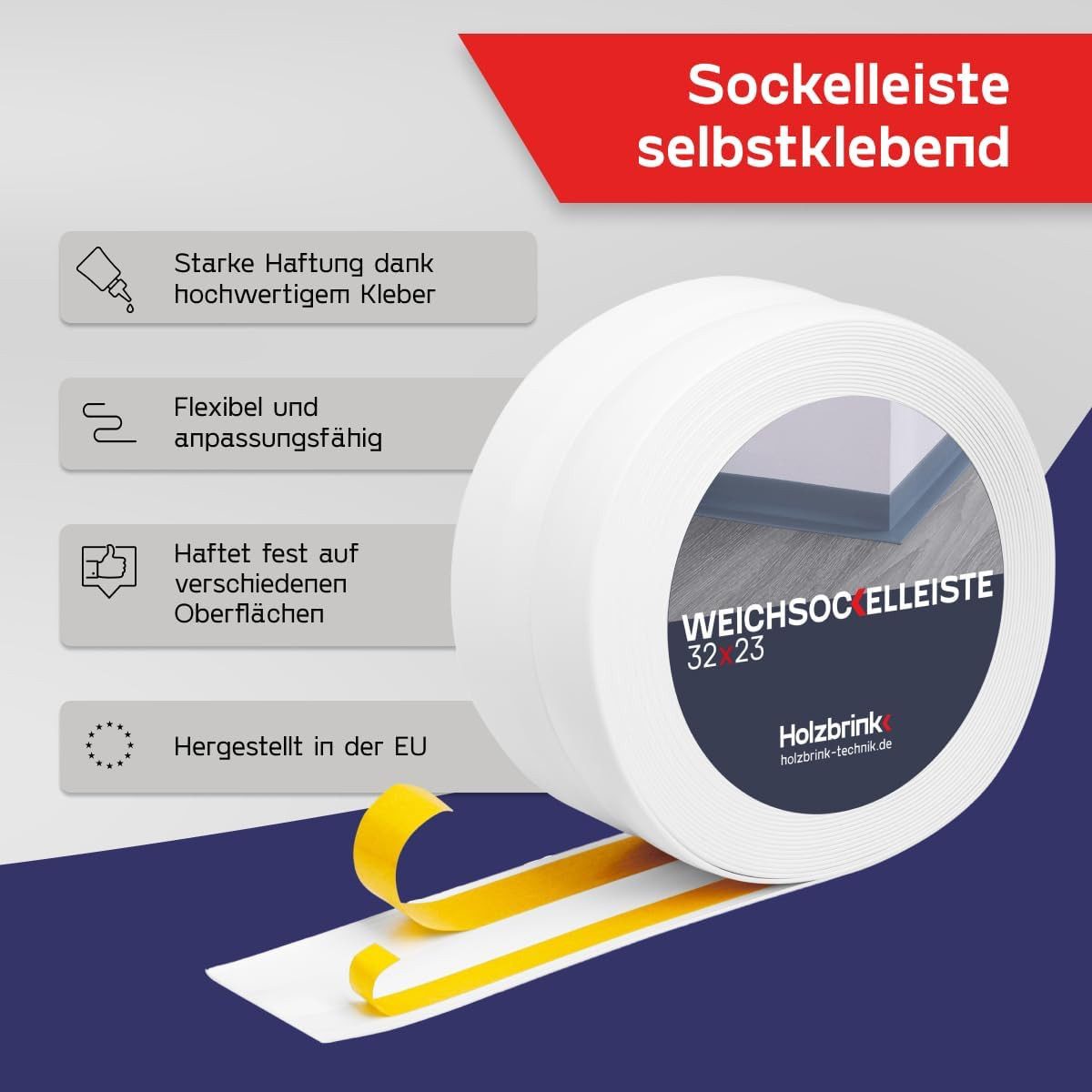 HOLZBRINK Sockelleiste PVC Weichsockelleiste selbstklebend 32x23mm Weiß, L: 500 cm, 5m Rolle, Küchenabschlussleiste Arbeitsplatte, Fensterleiste, Fensterabdichtung