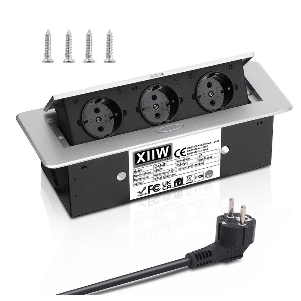 XERSEK 1.8m Kabel + Netzteil Versenkbar Einbausteckdose Tischsteckdose 230V Einbau-Tischsteckdosenleiste (3-Fach 3500W/16A Tischplatte Bodensteckdose Pop-up), Aluminium Steckdosenleiste für Möbel, Büro, Küche