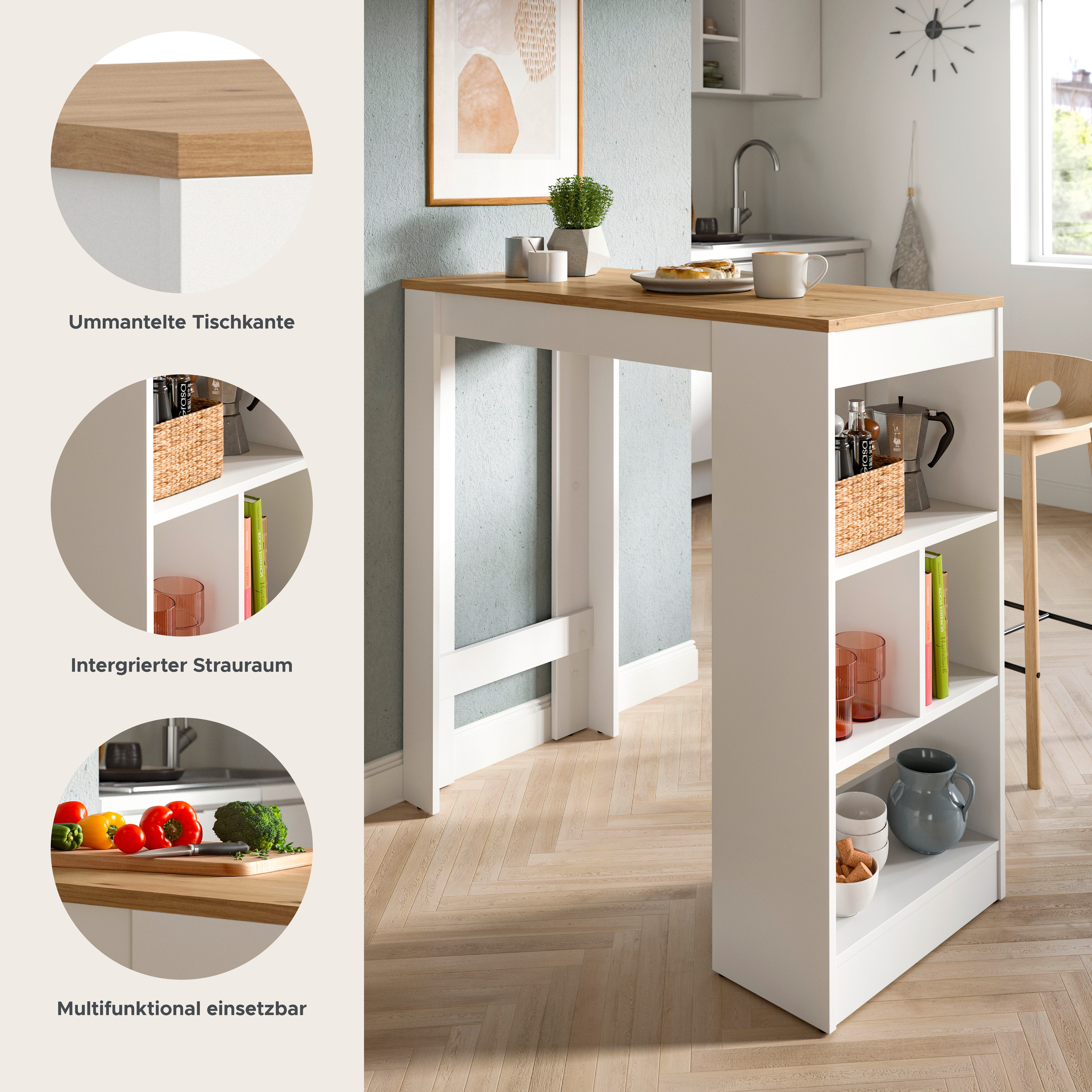 OTTO home Bartisch NORDBY, Breite x Höhe: 105 x 103cm, 4 offene Fächer (individuell einsetzbar, in Landhaus Optik), Esstisch, Stehtisch, Tresentisch, Bistrotisch, Küchentisch