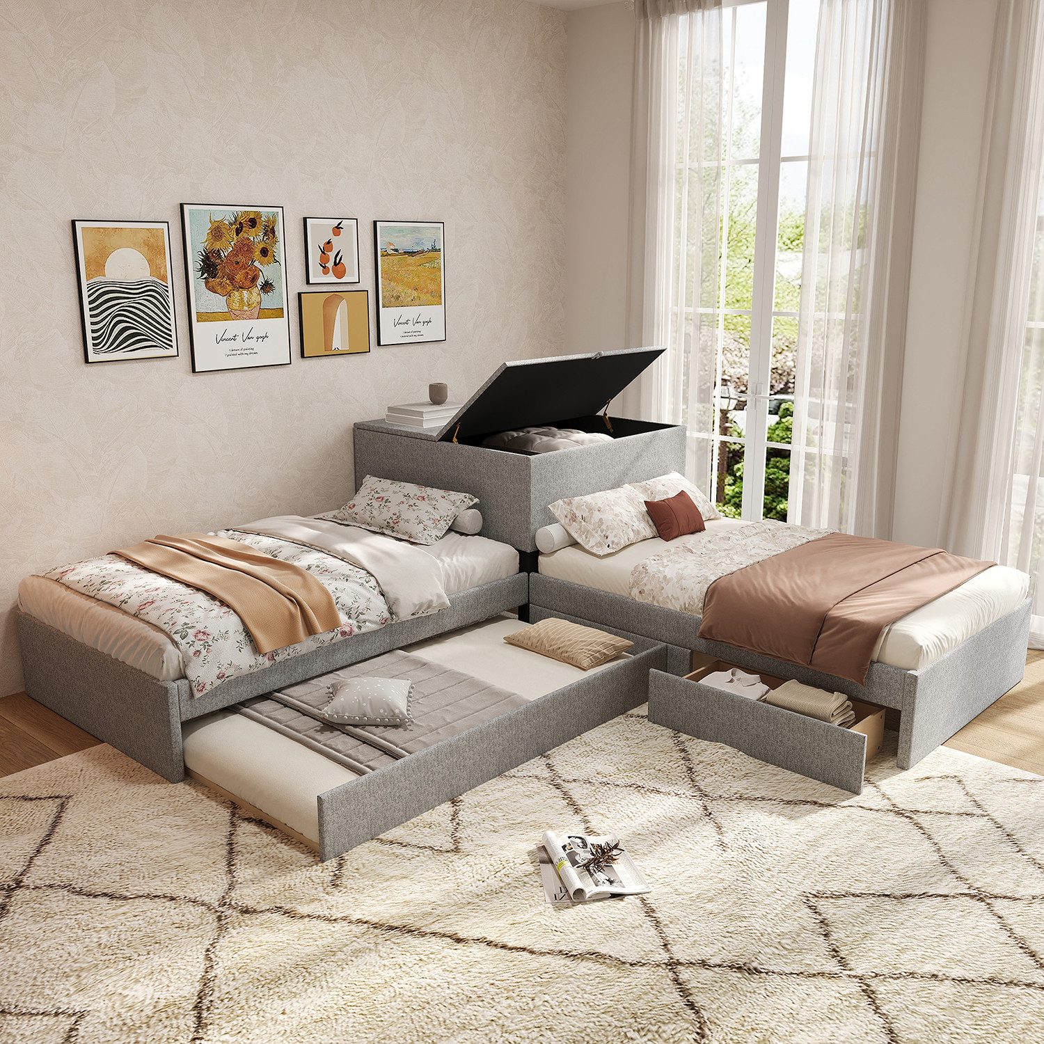 Odikalo Ausziehbett Polsterbett Daybett Eckbett 2*Einzelbett Schrank Schublade 90x200 cm, ohne Matratze, Funktionsbett mit Stauraum