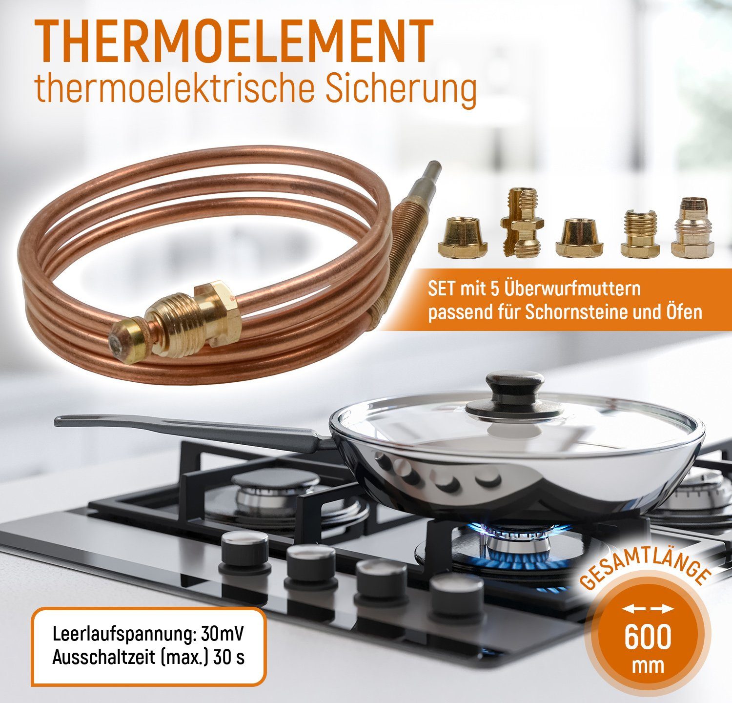 VIOKS Thermodetektor Thermoelement universal 600mm, mit Gasgrill Adaptern für Gasherd