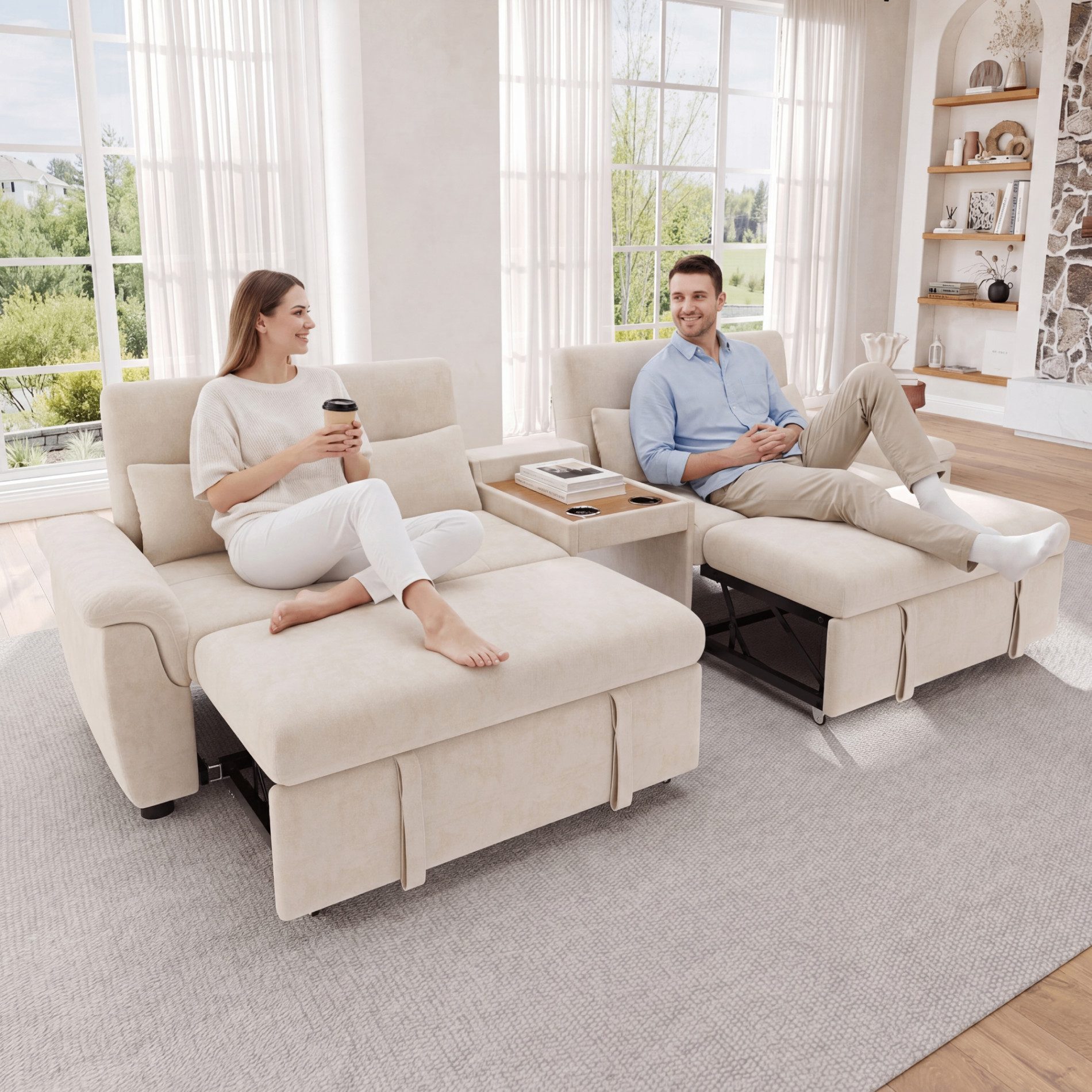 Merax Schlafsofa 4-Sitzer U-Form Schlafsofa Ausziehbar, Doppelbett Sofa, 1 Teile, Bettsofa mit Haustierbereich, Becherhalter, 4 Kissen, Chenille