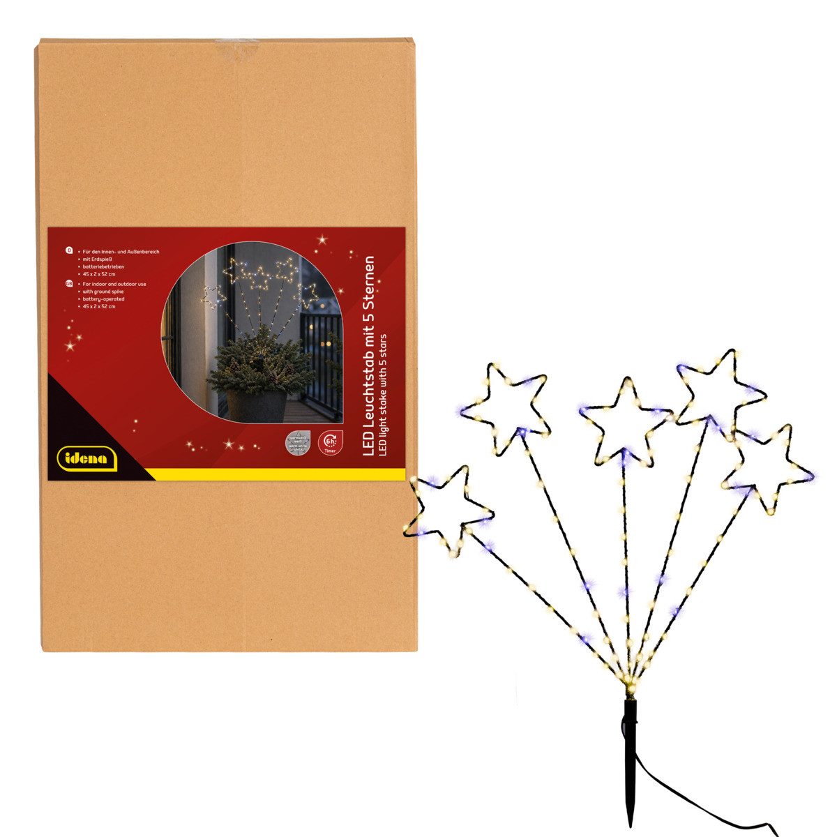 Idena Teelicht Idena LED Leuchtstab - 5 Sterne, schwarz, 45/52 cm, Metall, warmweiß/w