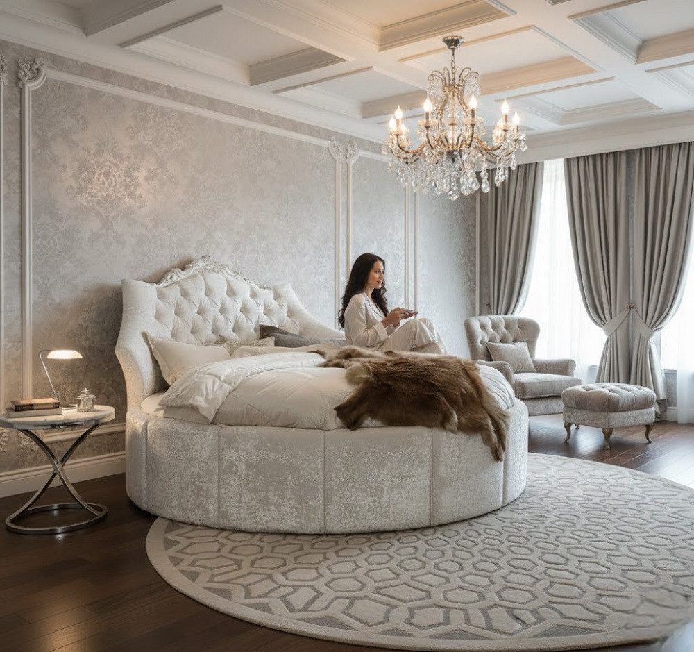 JVmoebel Rundbett Rundes Samt Bett Chesterfield Luxus Polster Betten Textil Stoff Sofort (Rundbett), Made in Italy