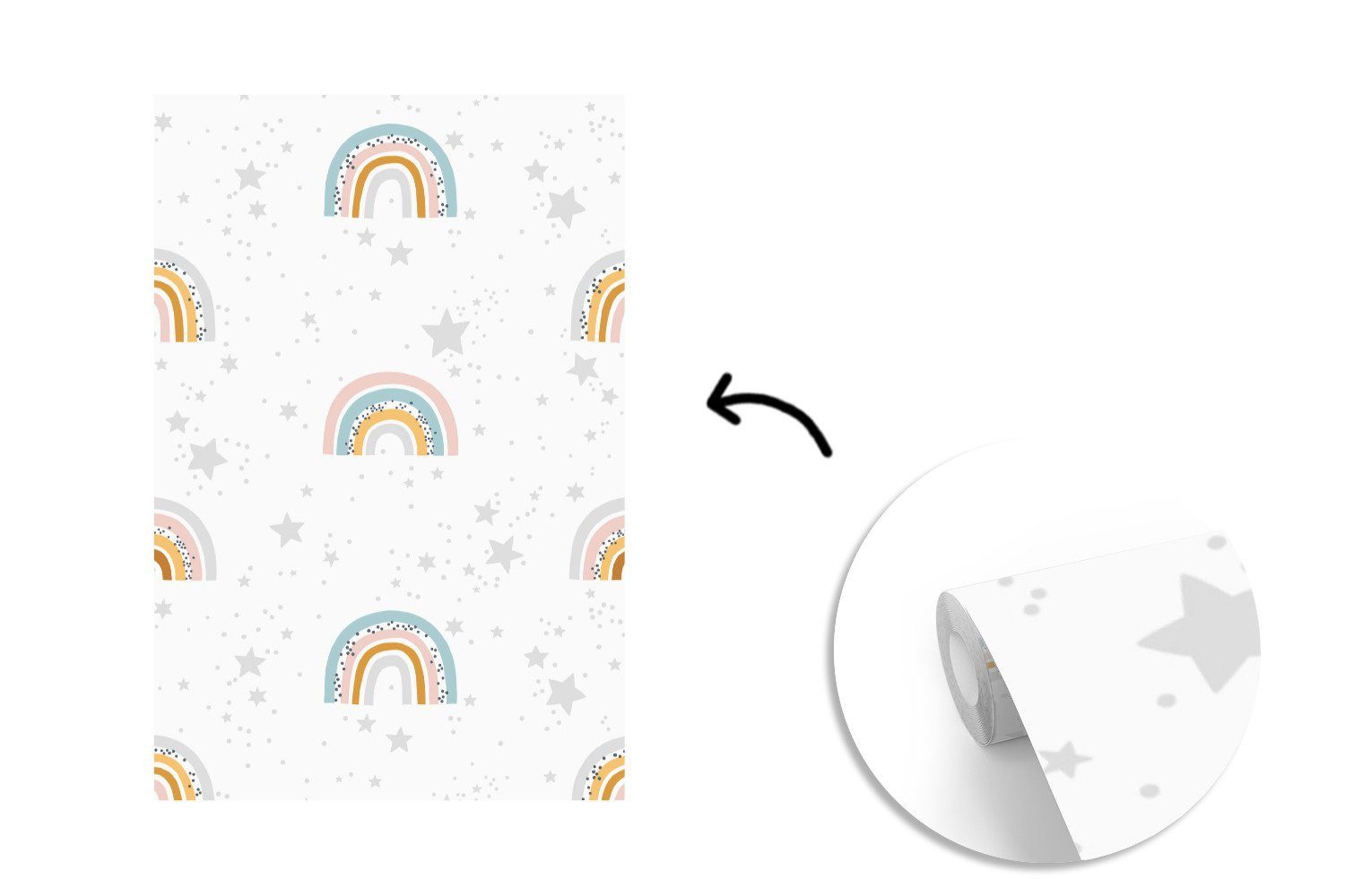 Wandtapete (3 Regenbogen Fototapete bedruckt, St), Vinyl Matt, - Tapete Pastell, - Muster Wohnzimmer, Montagefertig MuchoWow für