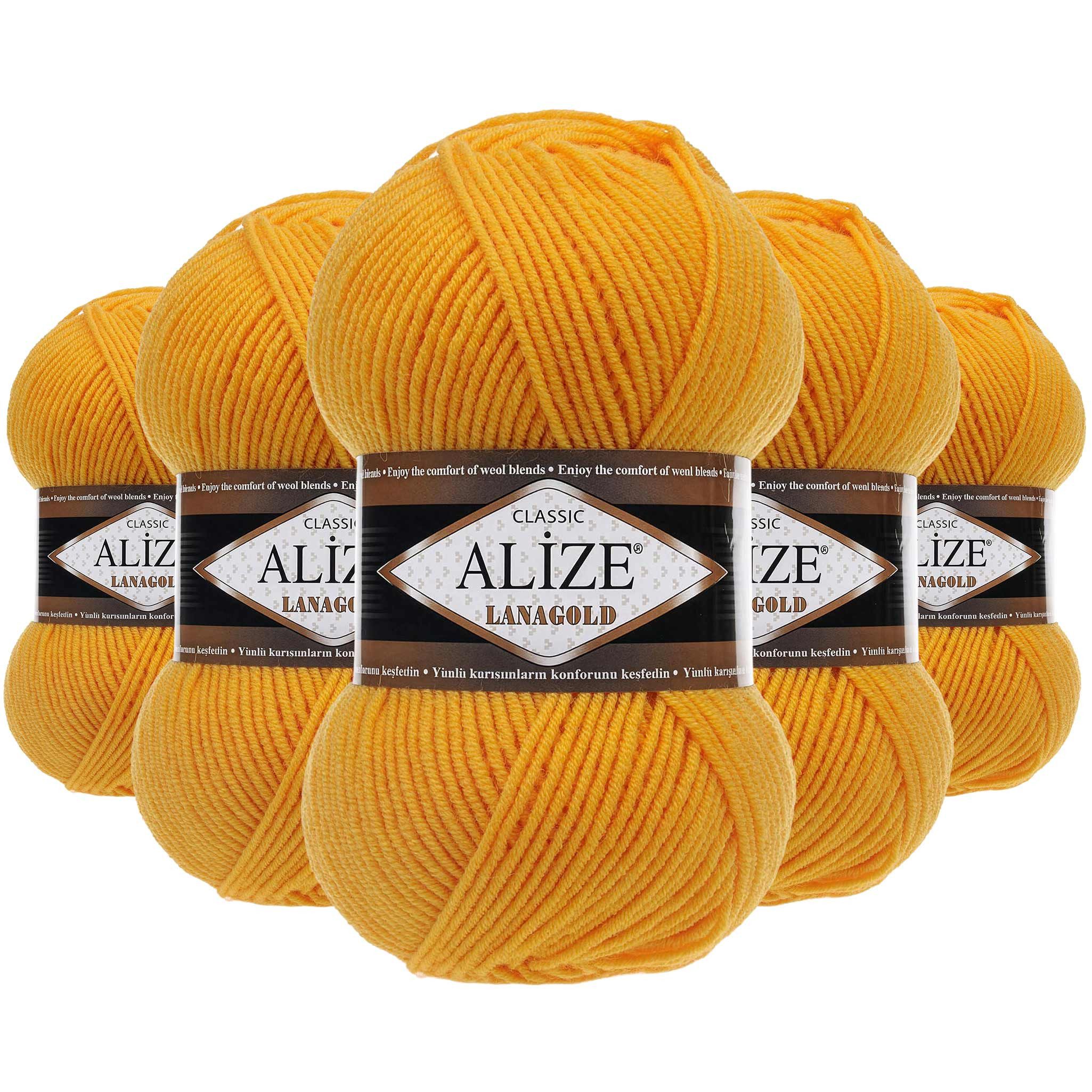 Alize 5 x 100 g ALIZE Lanagold 49% Wolle Strickgarn Winterwolle Schurwolle Häkelwolle, 240 m, sonnengelb